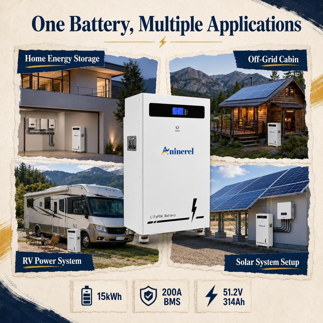 15kWh 51.2V 314Ah LiFePO4 Battery, 48V Solar Lithium Battery with 200A BMS, CAN/RS485, LCD Display, Grade A Cells, Deep Cycle Power Storage for Home Backup, Off-Grid Solar System, RV - Image 6