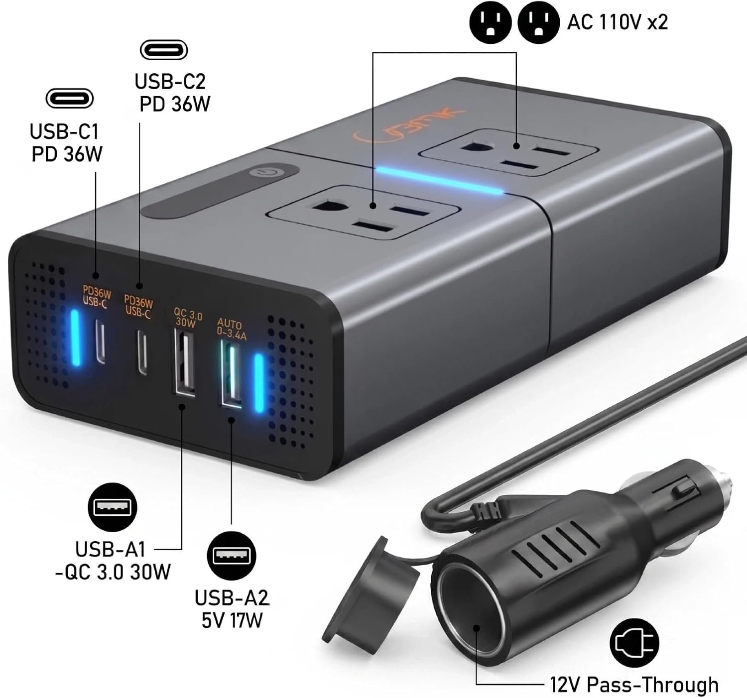 200W 7-in-1 Car Power Inverter DC 12V to 110V AC with Dual PD 36W USB-C & QC 3.0 30W, 2 AC Outlet Car Plug Adapter, LED Voltage Display, Quiet Cooling Fan for Laptop Road Trip Camping - Image 4