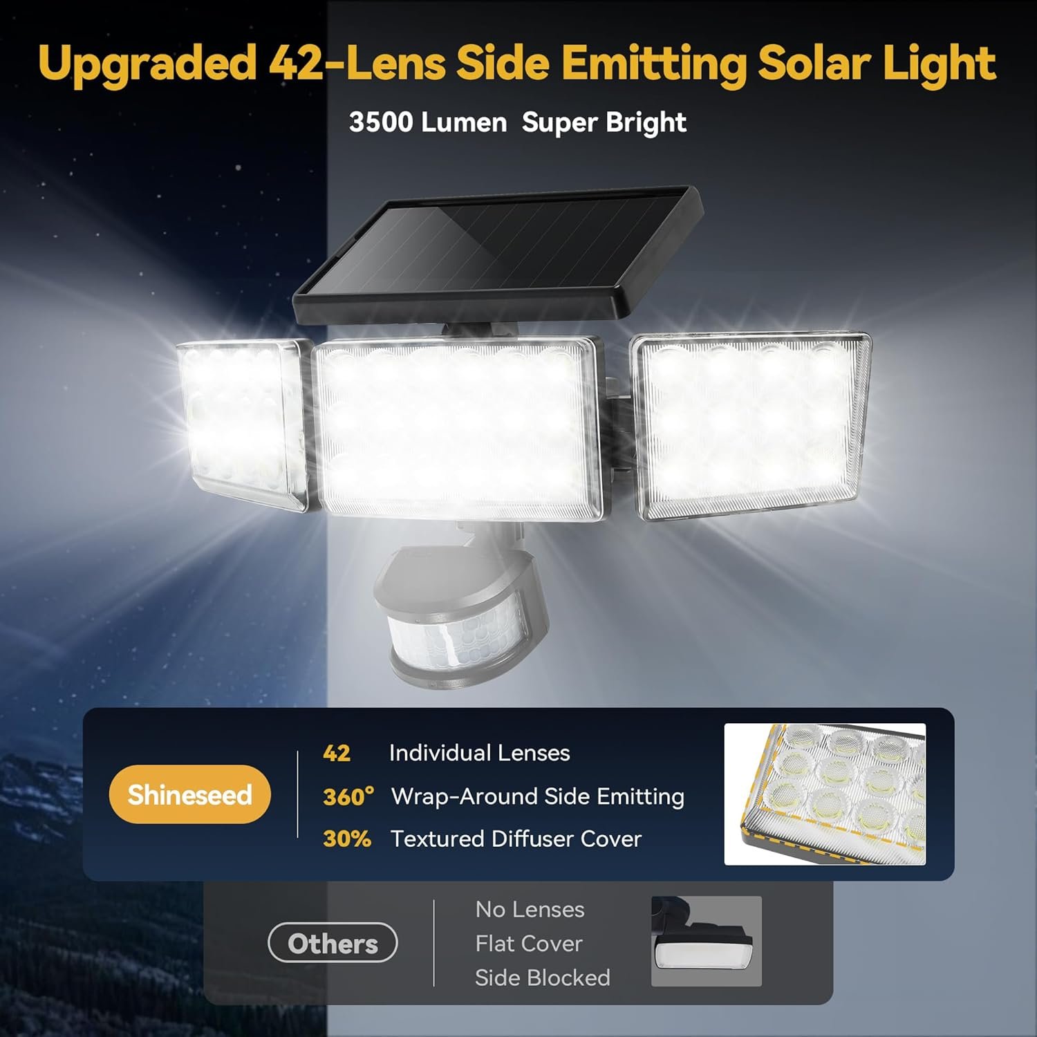Solar Lights Outdoor, 3500LM 168 LED Motion Sensor Solar Flood Lights, 3 Heads 300° Wide Angle, 3 Modes IP65 Waterproof Solar Security Lights for Yard Garden Patio, 2 Pack (Black) - Image 2