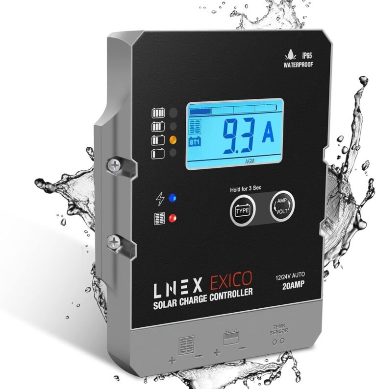 LNEX Solar Charge Controller Waterproof, 20A Super Thin Solar Panel Battery Intelligent Regulator with LCD Display 12V/24V PWM Solar Controller for LiFePO4,AGM, Gel, Flooded and Lithium Battery