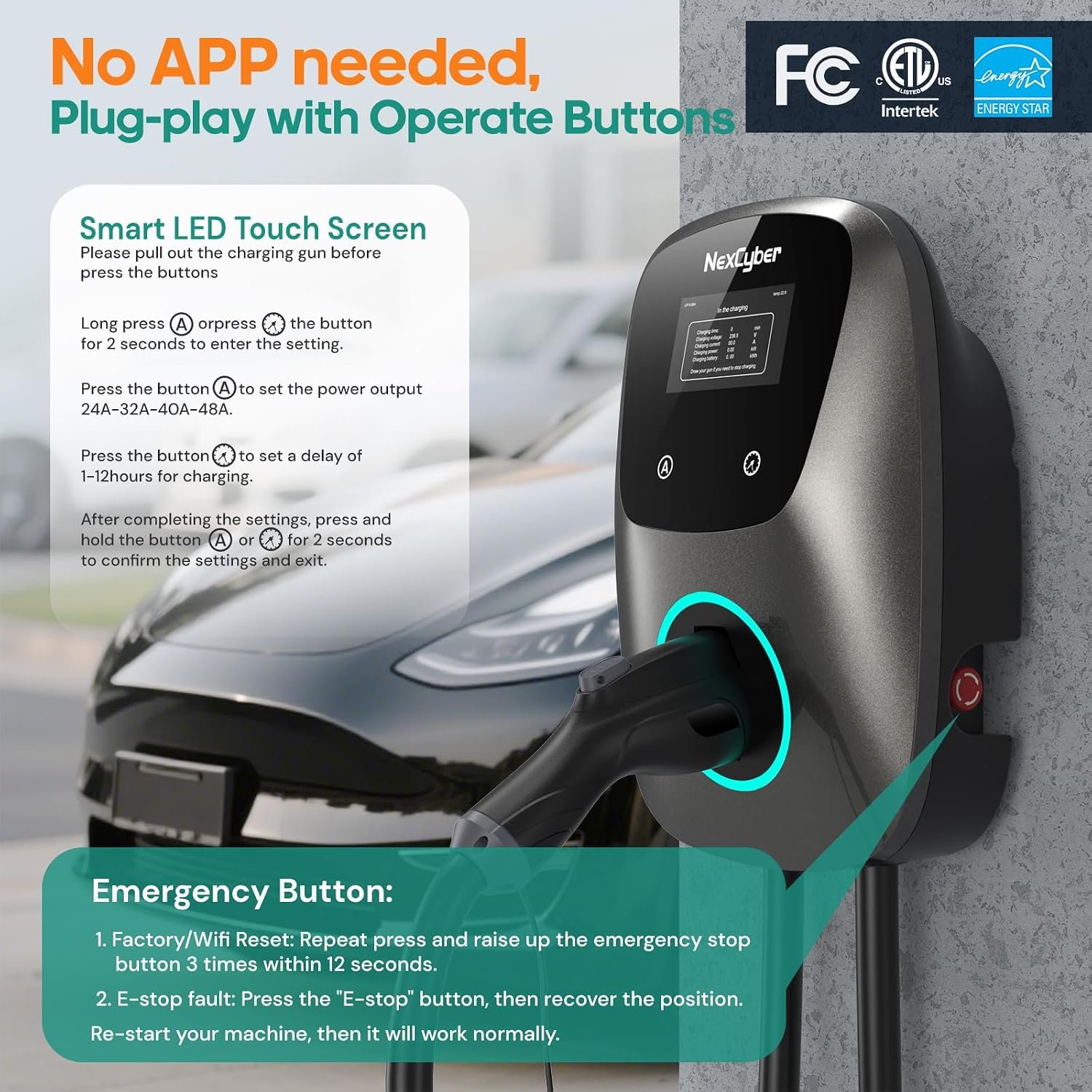 Level 2 EV Charger(WiFi APP/Plug-Play), 48A Nema 14-50p, 25ft Cable ETL Certified, Home Level 2 EVSE Car Charger w/ J1772 Connector, Electric Vehicle Charging Stations (46) - Image 2