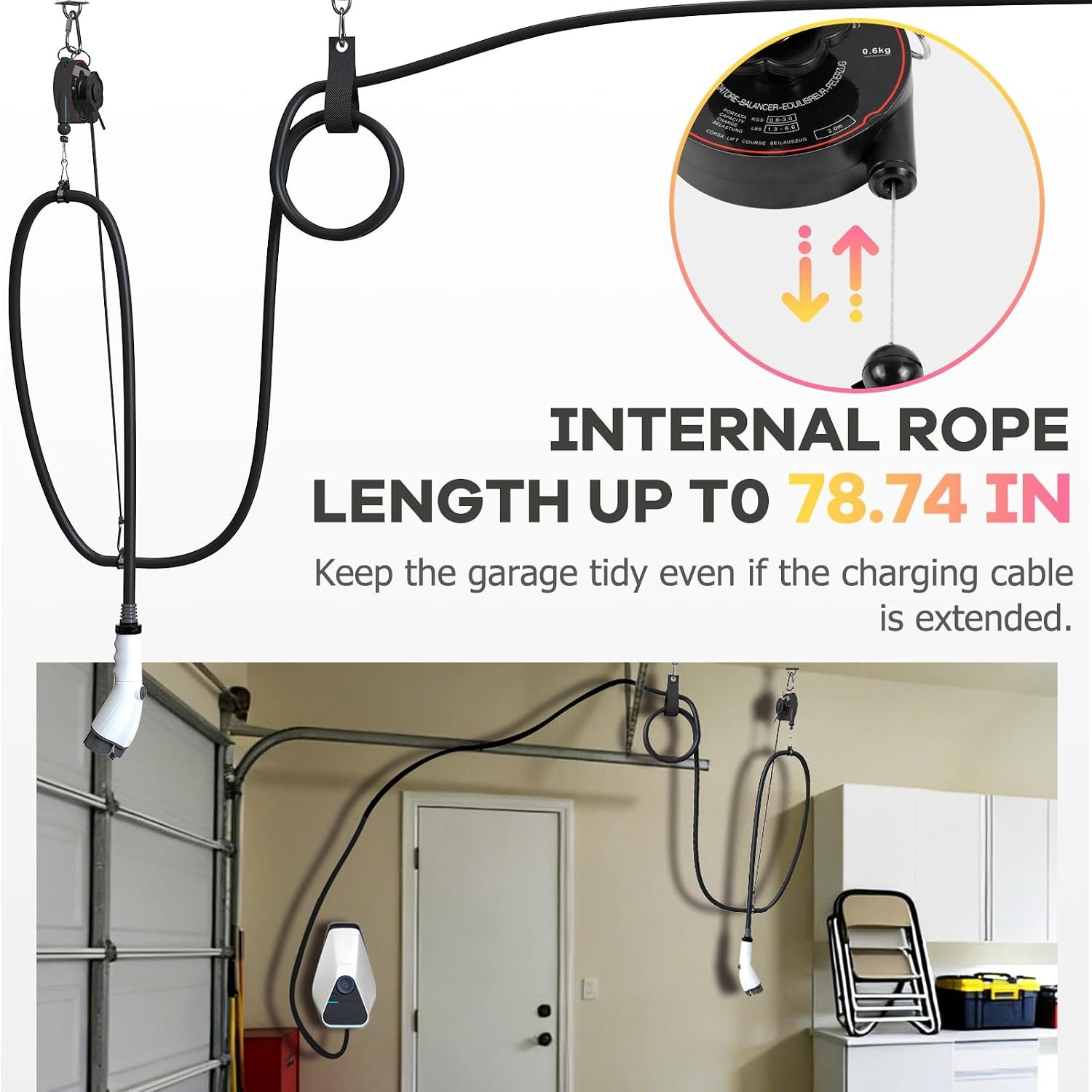 Flexible charging Universal EV Overhead Retractable Cable Management System for Tesla & Other Electric Vehicles,Garage Charging Cable Organizer for All Level 2 Chargers-Mounts to Ceiling and Wall - Image 3