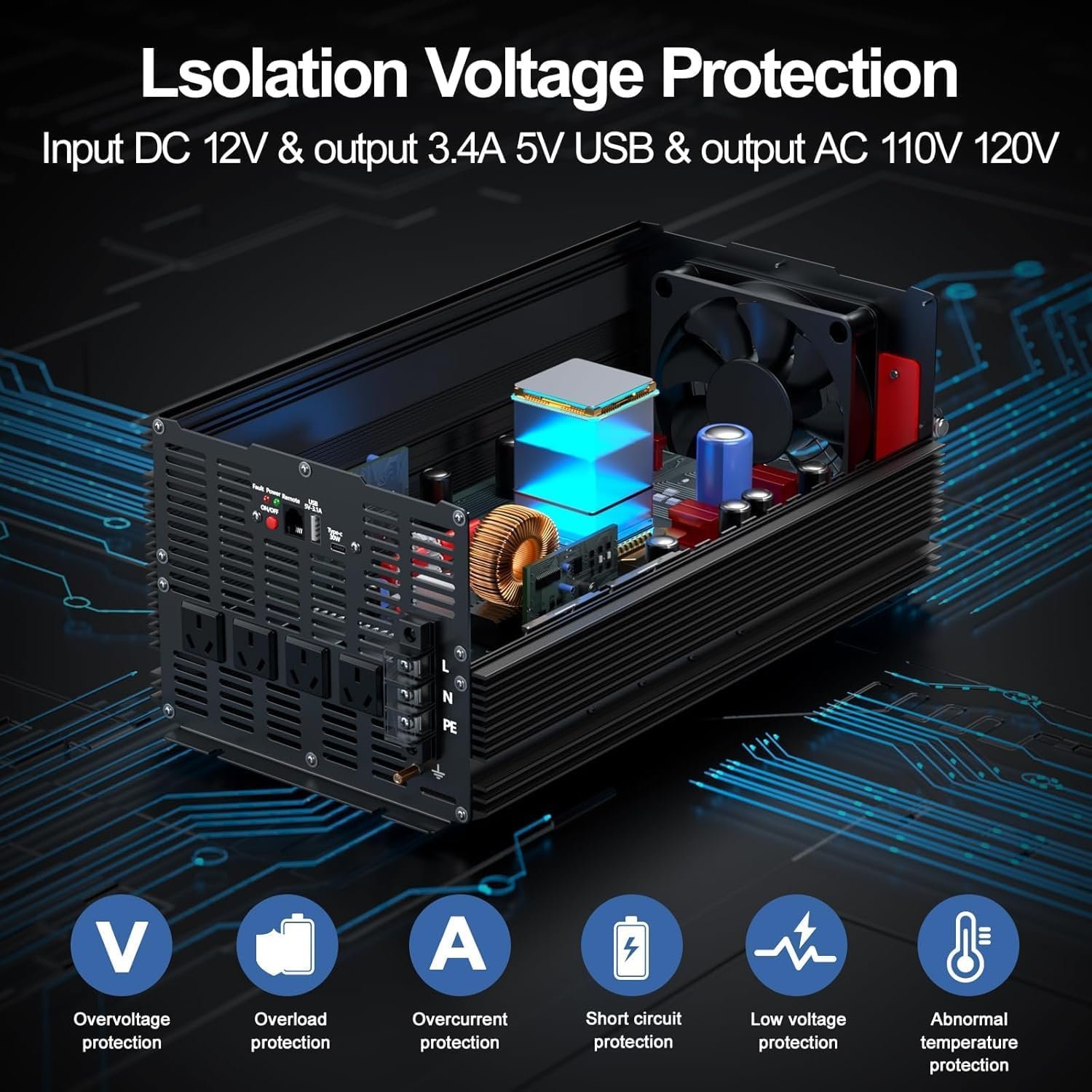 5600W Power Inverter 12V DC to 110/120V AC Converter, 11200W Peak, LCD Display, Remote Control, 4 AC Outlets, 30W Type-C Port, 3.1A USB Port for RV Truck Solar System, Emergency Power, Off-Grid Use | LCD Display, Remote Control, 4 AC Outlets, 30W Type-C, 3.1A USB Port for RV Truck Solar System, Emergency Power, Off-Grid Use - Image 4