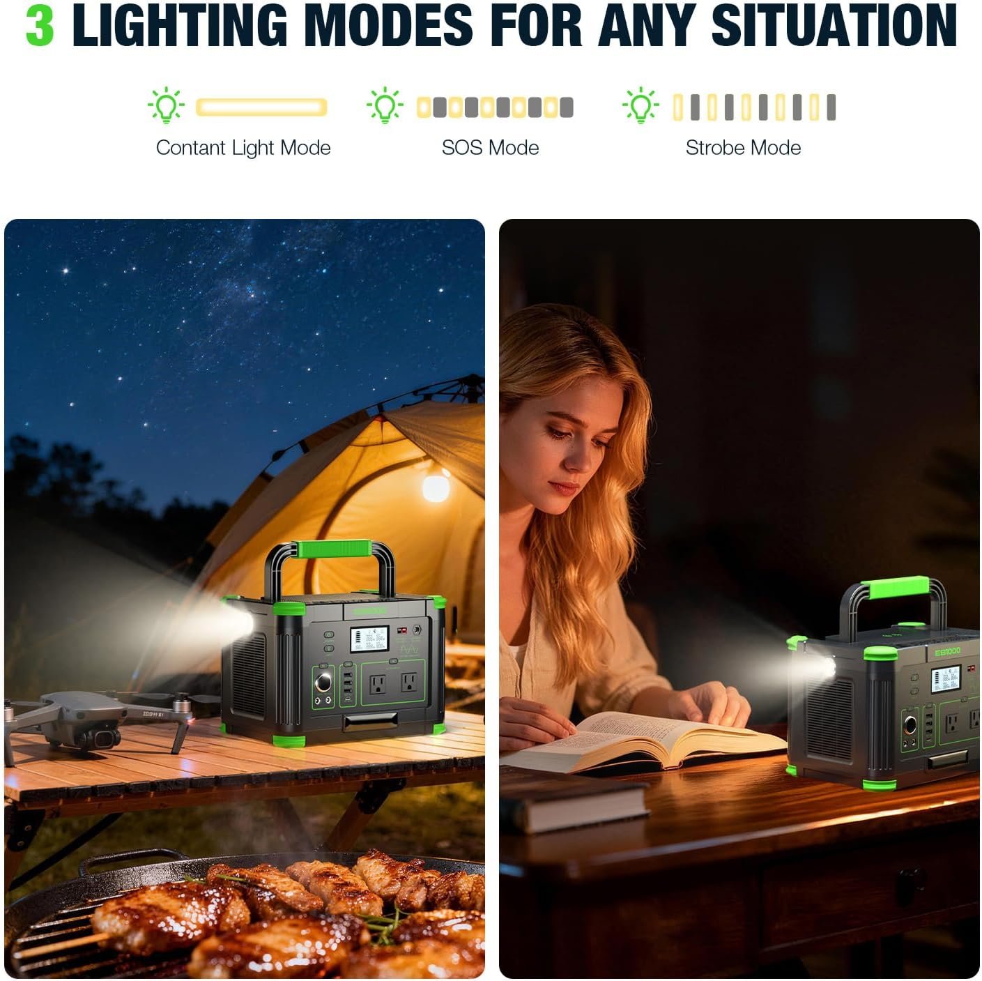 1000W Portable Power Station 999Wh, Solar Generator for Outdoor Emergency | 10 Ports & 60W PD USB-C Fast Charging, 120V Pure Sine Wave AC Outlet for Home Backup, Camping, Fishing, RV, Van Travel - Image 8