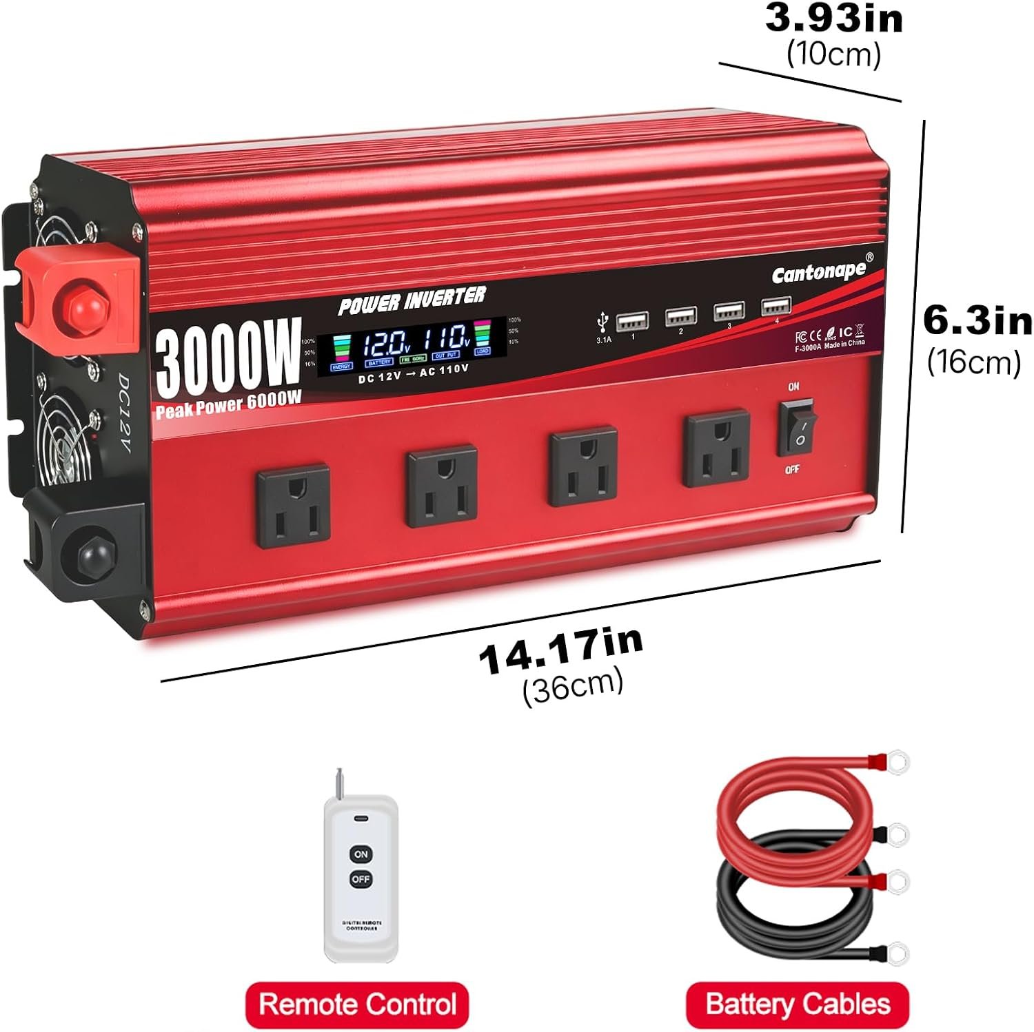 Cantonape 3000W Power Inverter 12V to 110V/120V DC to AC with LCD Display | Remote Controller 4 x AC Outlets and 4 x 3.1A USB Car Adapter for Car Truck Boat RV Solar System - Image 8
