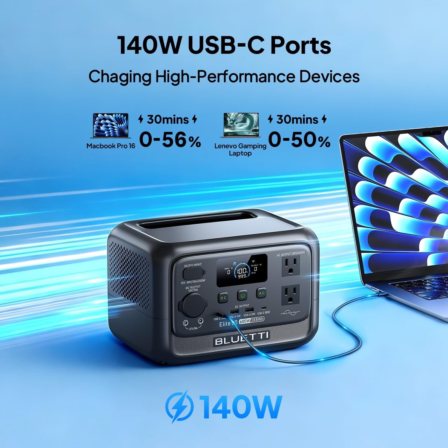 BLUETTI Elite 30 V2 Portable Power Station 288Wh 600W LFP Solar Generator | Power Lifting 1500W, 10ms UPS, 45 Min 0-80% Fast Charging, Emergency Backup Power for Blackout, Camping, Outage and Road Trip - Image 5