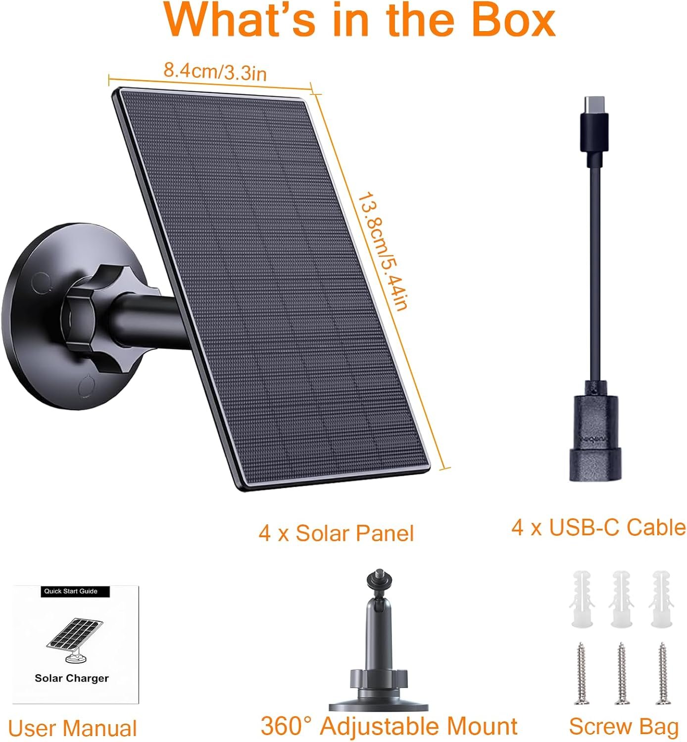Zivif 2W Solar Panel for Security Cameras with USB and USB-C Port, 4 Pack | USB Solar Charger Compatible with 5V Rechargeable Battery Camera, 360° Adjustable Mount, IP65 Waterproof, Black - Image 6