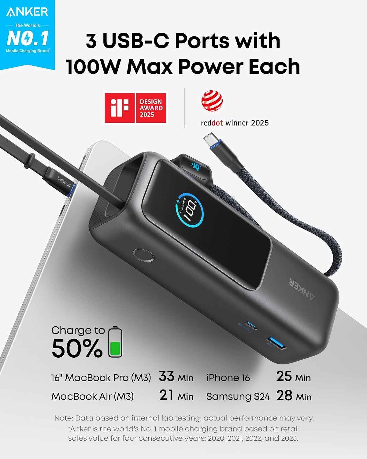 Anker Laptop Power Bank, 25,000mAh Travel Essential with 165W Total Output | 3 USB-C Ports with 100W Max Each, Built-In Retractable Cables, Flight-Ready, for iPhone 17 Series ,MacBook, and More - Image 2