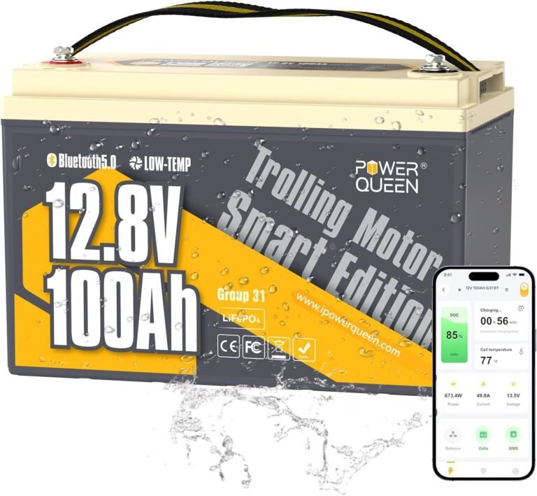 Power Queen 12V 100Ah Bluetooth LiFePO4 Battery, Group31 for Trolling Motor | 100A BMS, Low Temp Protection, Up to 15000 Deep Cycles, IP65 Waterproof, 1280W Output Power for RV, Matrine, Solar System