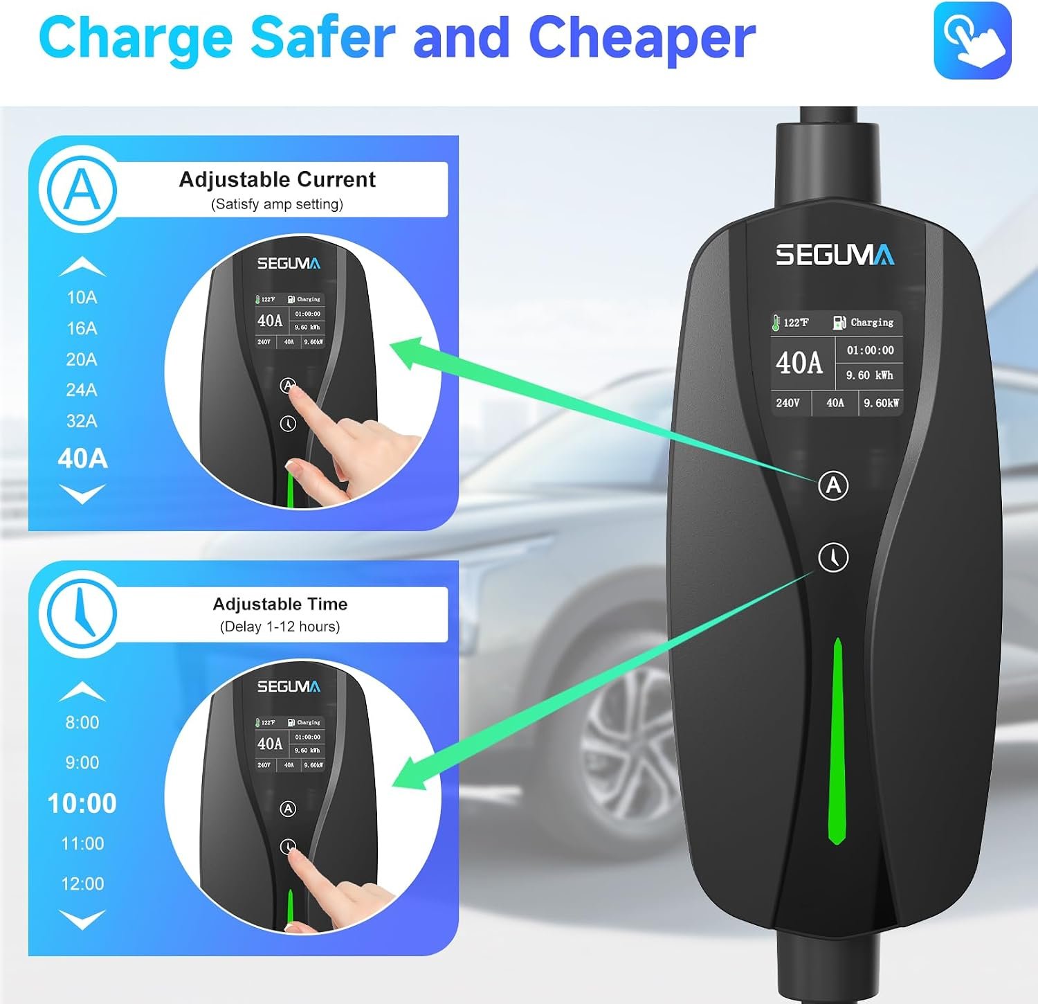 SEGUMA Level 2 EV Charger, 40Amp Electric Car Chargers for J1772 BEVs/PHEVs | 25FT Cable, NEMA 14-50 Plug, Adjustable Current, Timing Delay, Electric Vehicle Chargers, 240V 9.6kW - Image 3
