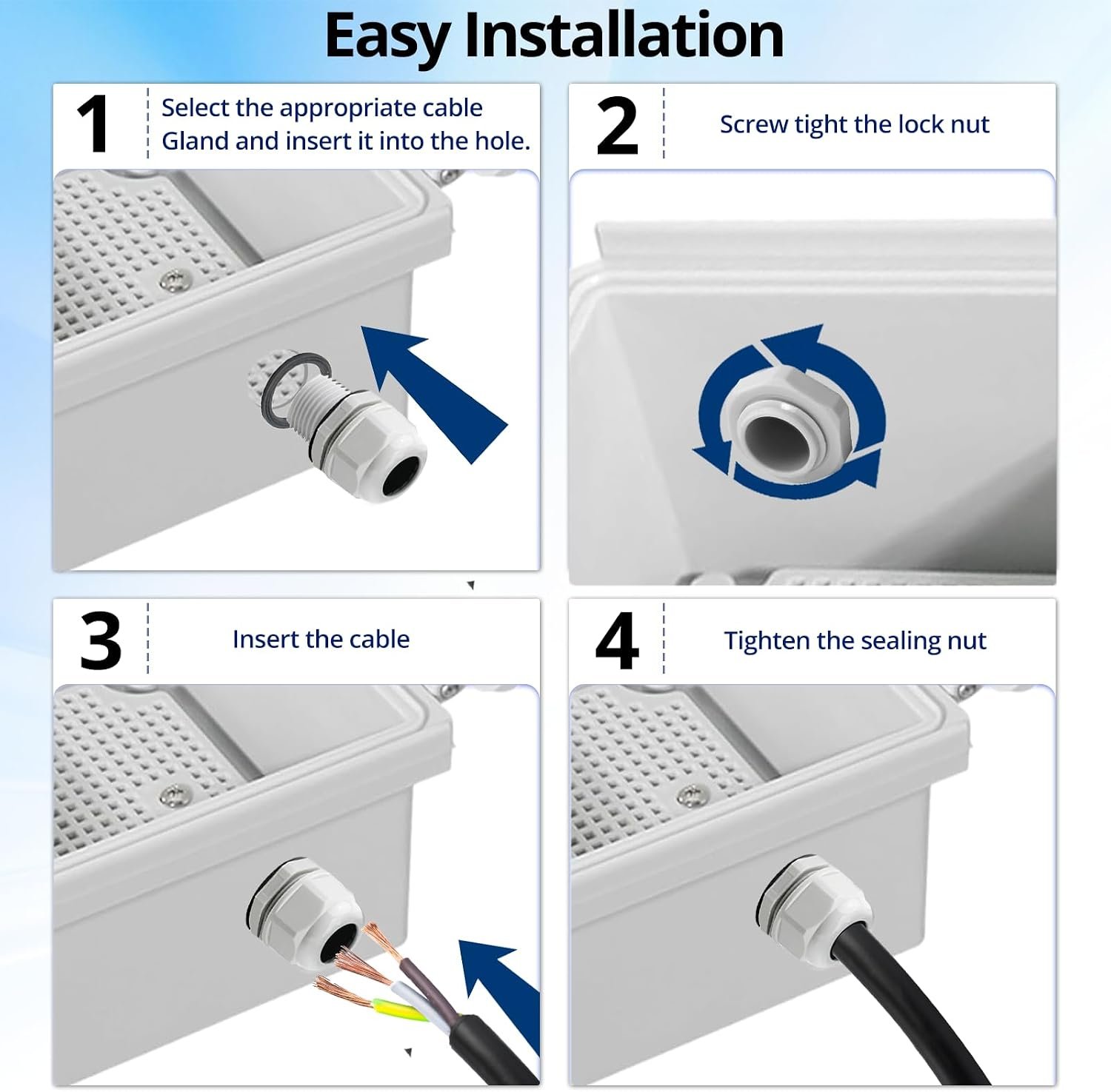 MAKERELE 50pcs NPT Cable Glands Kit Waterproof Strain Relief Connector | Grey, 1/4” 3/8” 1/2” 3/4” 1” 1-1/4”, Nylon, Electrical Conduit Connectors, With Gaskets, for Electrical Junction Box - Image 5