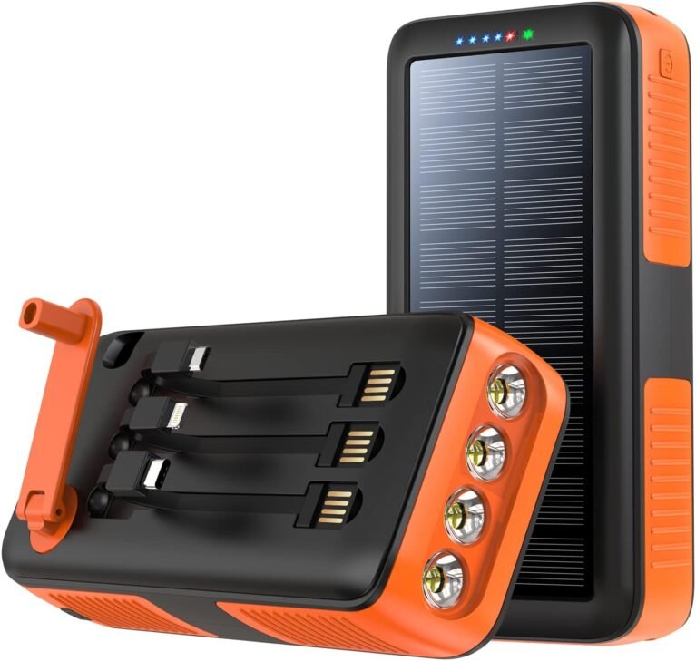 boogostore Solar Charger Power Bank 27000mAh, Portable Charger with 4 Output & 3 Input 4 LEDs Flashlight, Hand Crank Power Bank Fast Charging Battery Pack for Outdoor Camping Survival Gear (Orange)