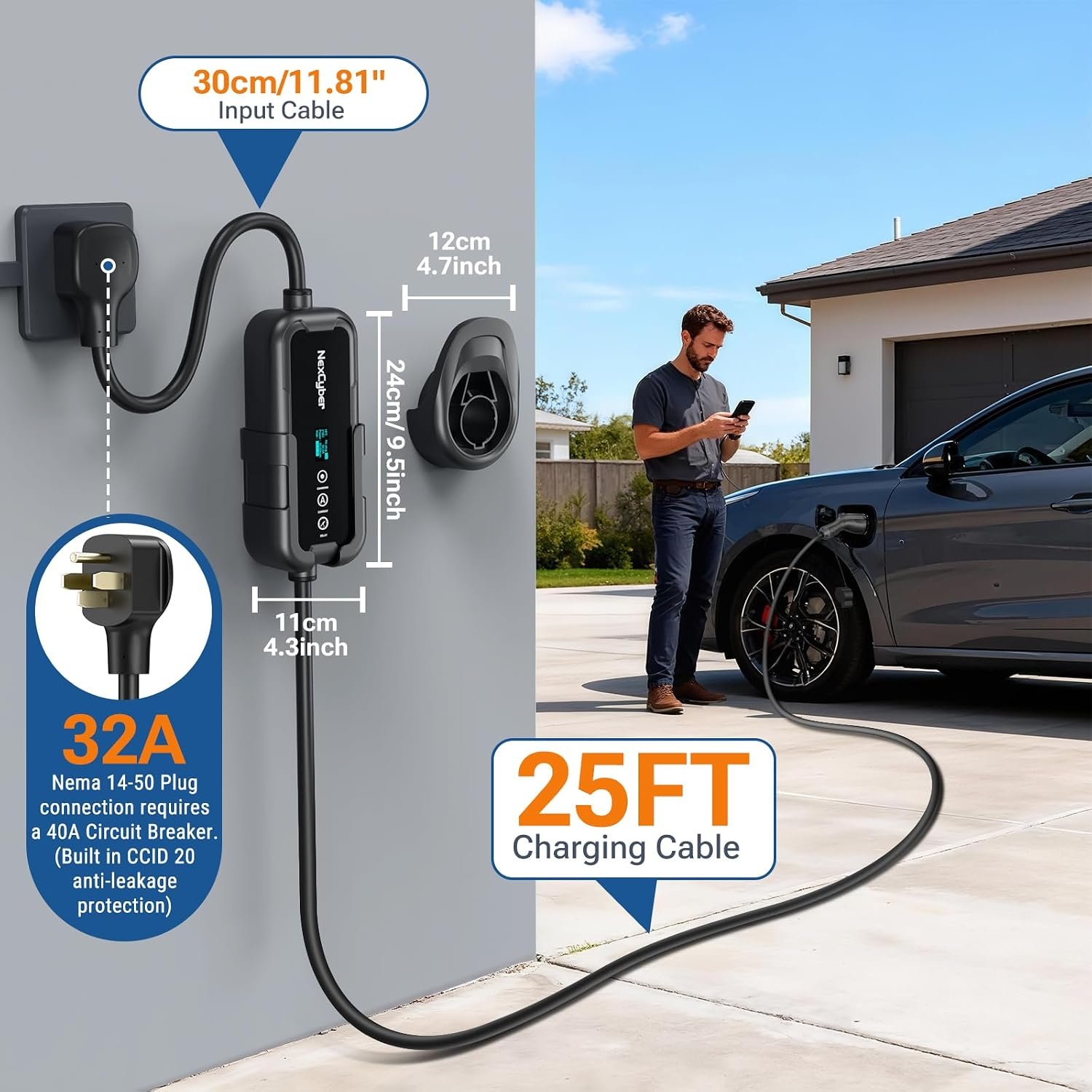 Level 2 EV Charger 32Amp with WiFi APP/Plug-Play, 240V NEMA 14-50P Plug, 25FT Cable with ETL Certified, Portable Electric Vehicle Charging Stations EVSE J1772 Connector (32) - Image 6