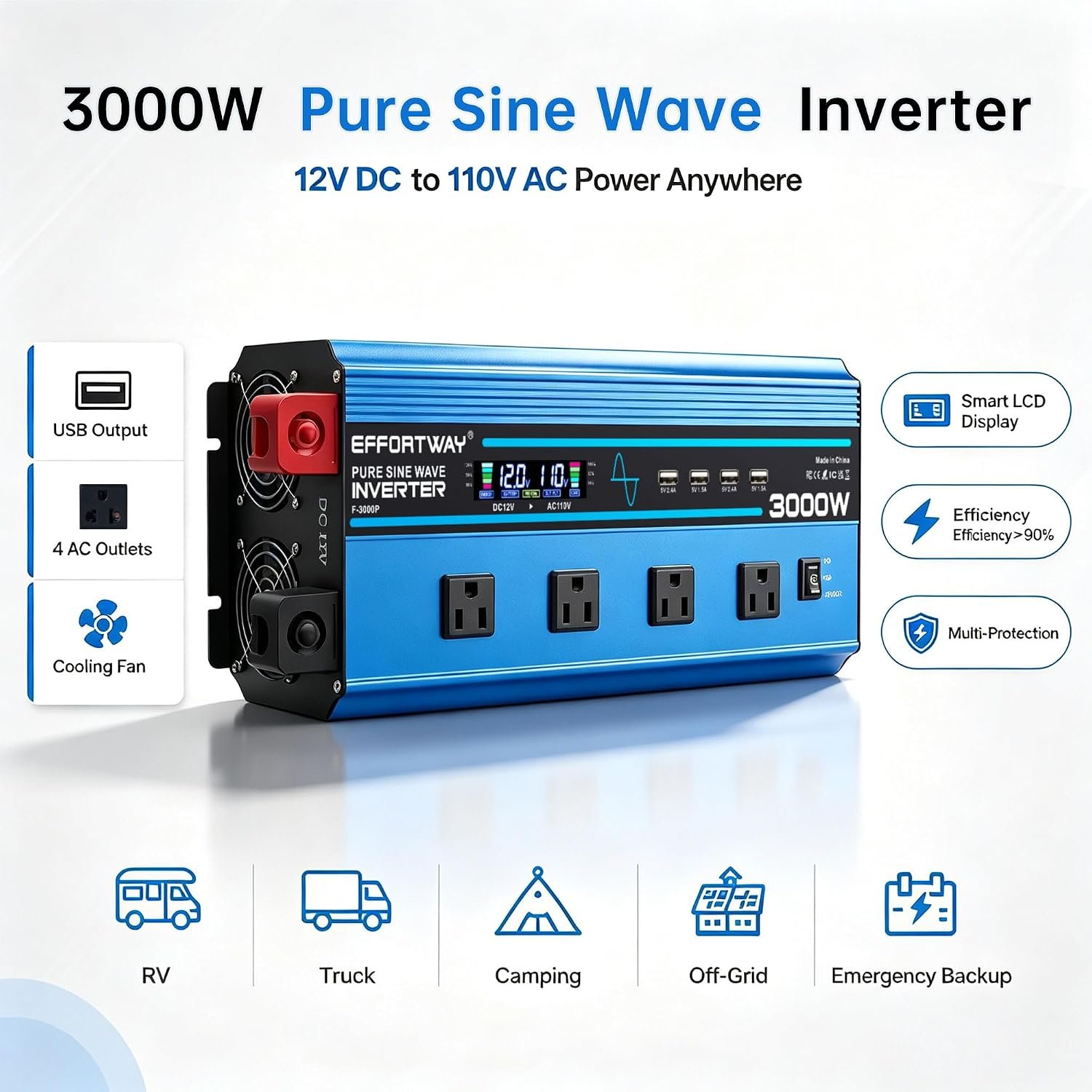 3000w Pure sine Wave Inverter DC 12V to AC 110V/120V Converter, 6000w (Peak) with LCD Display, Wireless/Wired Remote Control, 4AC outlets and 4USB.Ideal for Camping, RV Travel, Off-Grid Solar Systems - Image 2