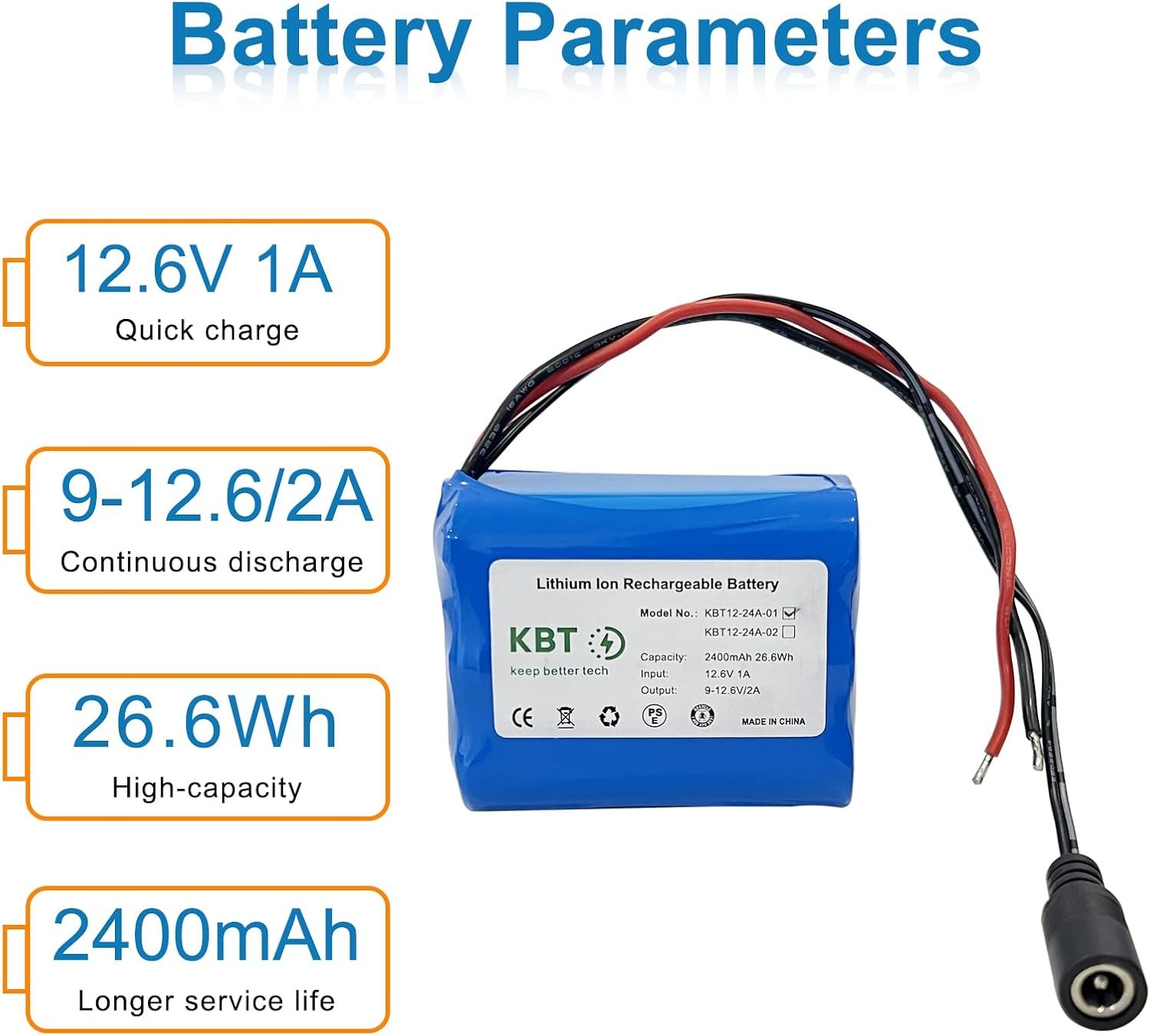 KBT 12V 2400mAh Rechargeable Li-ion Battery, Bare Leads Wire Replacement Battery Pack with Charger Compatible with 12V Devices RC Car, Boat, Robot, DIY, LED Light Strip, CCTV Camera - Image 2