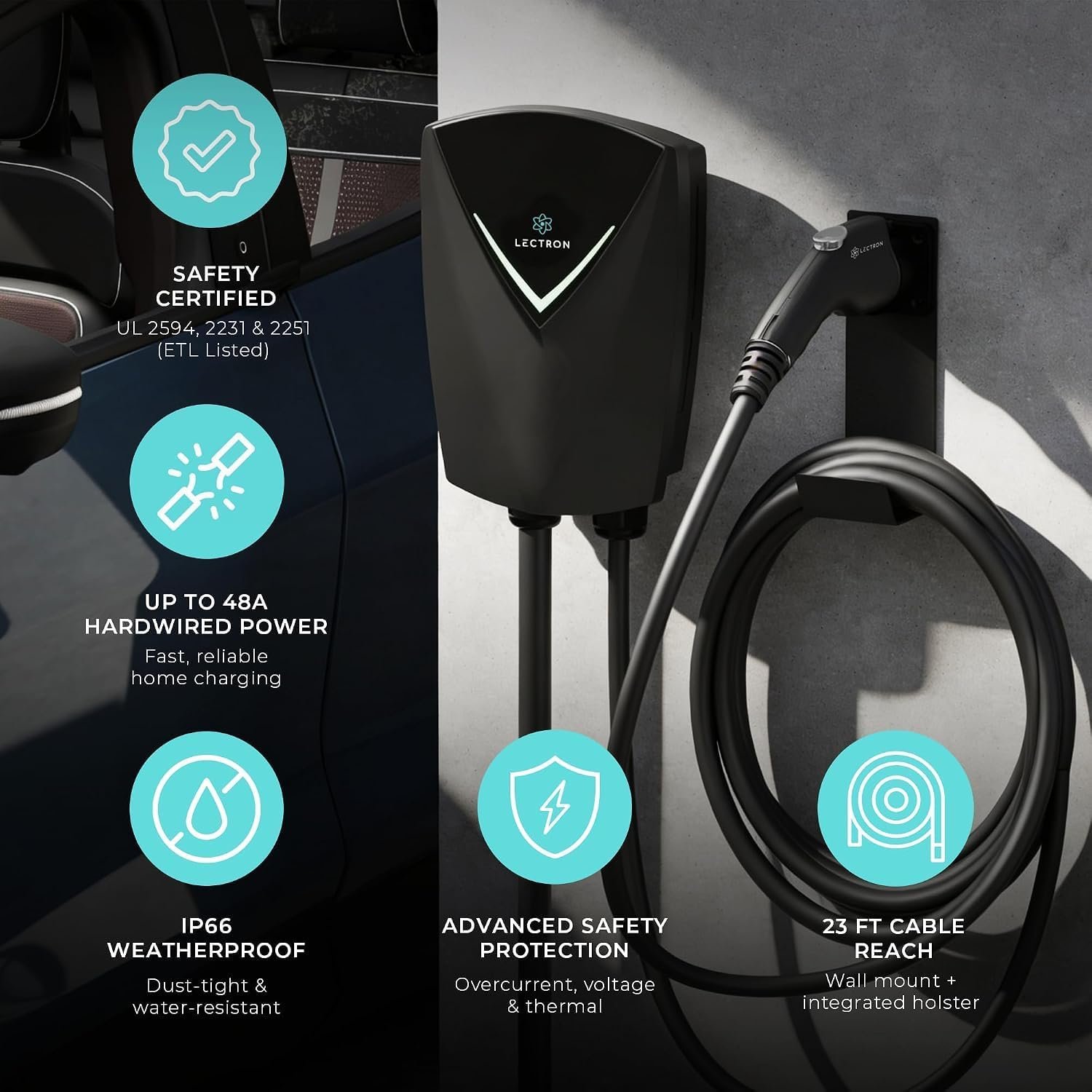 Lectron NACS to CCS Electric Vehicle Adapter with Interlock - (500A/1,000V) & Lectron J1772 Level 2 EV Charger, UL2594 Certified (ETL Listed), 48A 240V Nexus EV Charging Station - Image 9