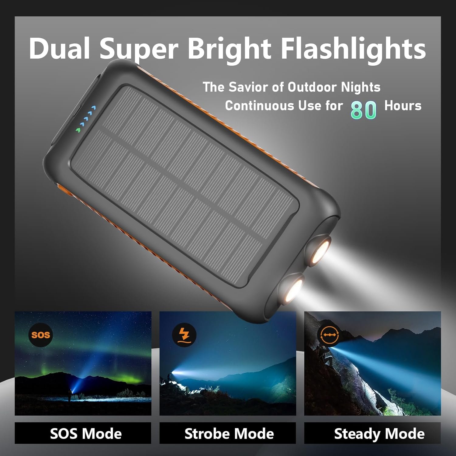 Solar Charger Power Bank 49800mAh, Portable Solar Phone Charger with 2 USB-A & USB-C Ports, 15W Fast Charging for iPhone, Samsung and More, Dual Flashlightfor Camping, Travel & Emergency Backup - Image 6