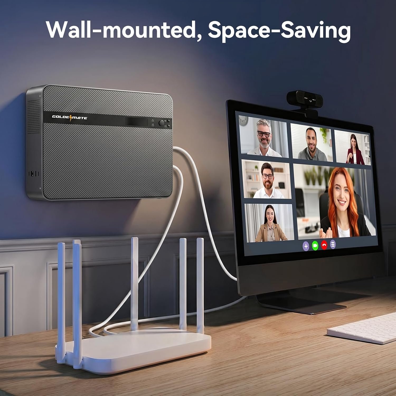 GOLDENMATE 1500VA/1000W Lithium UPS Battery Backup & Surge Protector, Gray | Pure Sine Wave, 230Wh LiFePO4 Battery Backup, 8 Outlets & 2 USB Ports, Wall Mount, LCD Display, Built-in Emergency Light - Image 4