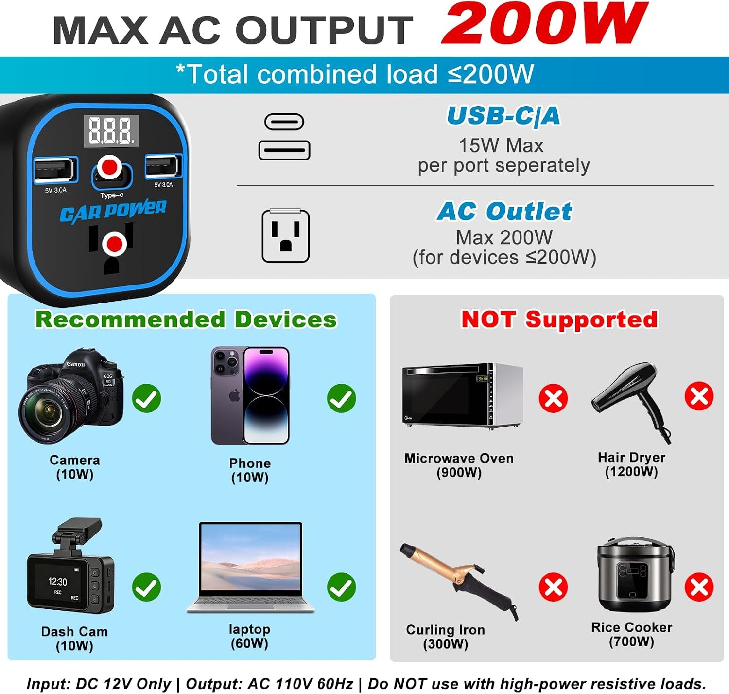 FAMIDGE 200W Car Power Inverter, 12v to 110v, Car Adapter with Dual USB and Type-C for Laptop, Black - Image 3