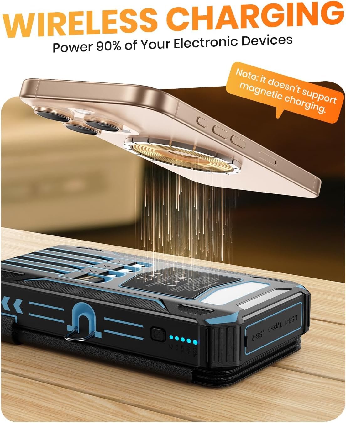 SOARAISE Solar Power Bank 48000mAh Wireless Battery Pack with 4 Cables | Solar Charger with 4 Solar Panels, Built in 4 Cables, PD QC 3.0 Fast Charging, Flashlight for Camping Travel, Rugged Design - Image 5
