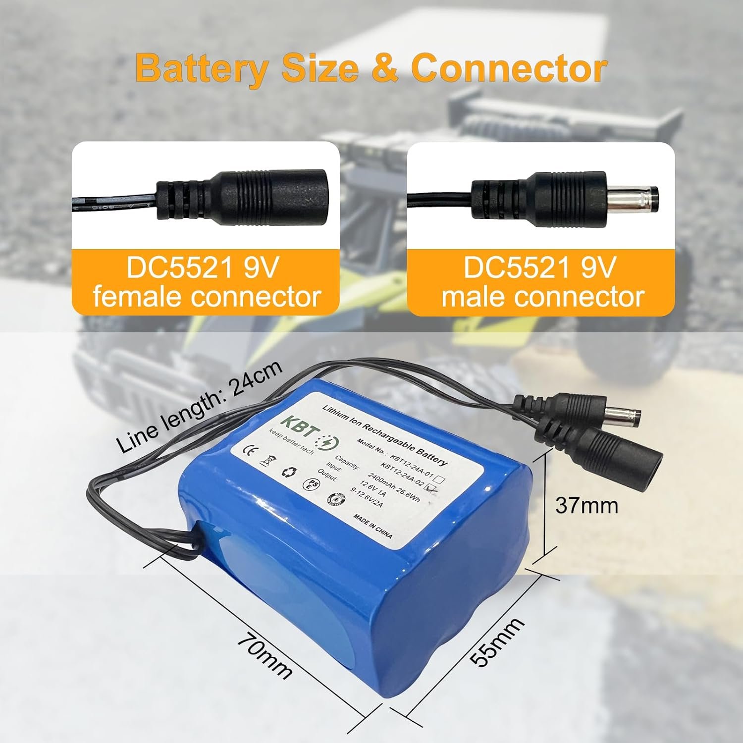 KBT 12V 2400mAh Rechargeable Li-ion Battery, Bare Leads Wire Replacement Battery Pack with Charger Compatible with 12V Devices RC Car, Boat, Robot, DIY, LED Light Strip, CCTV Camera - Image 3