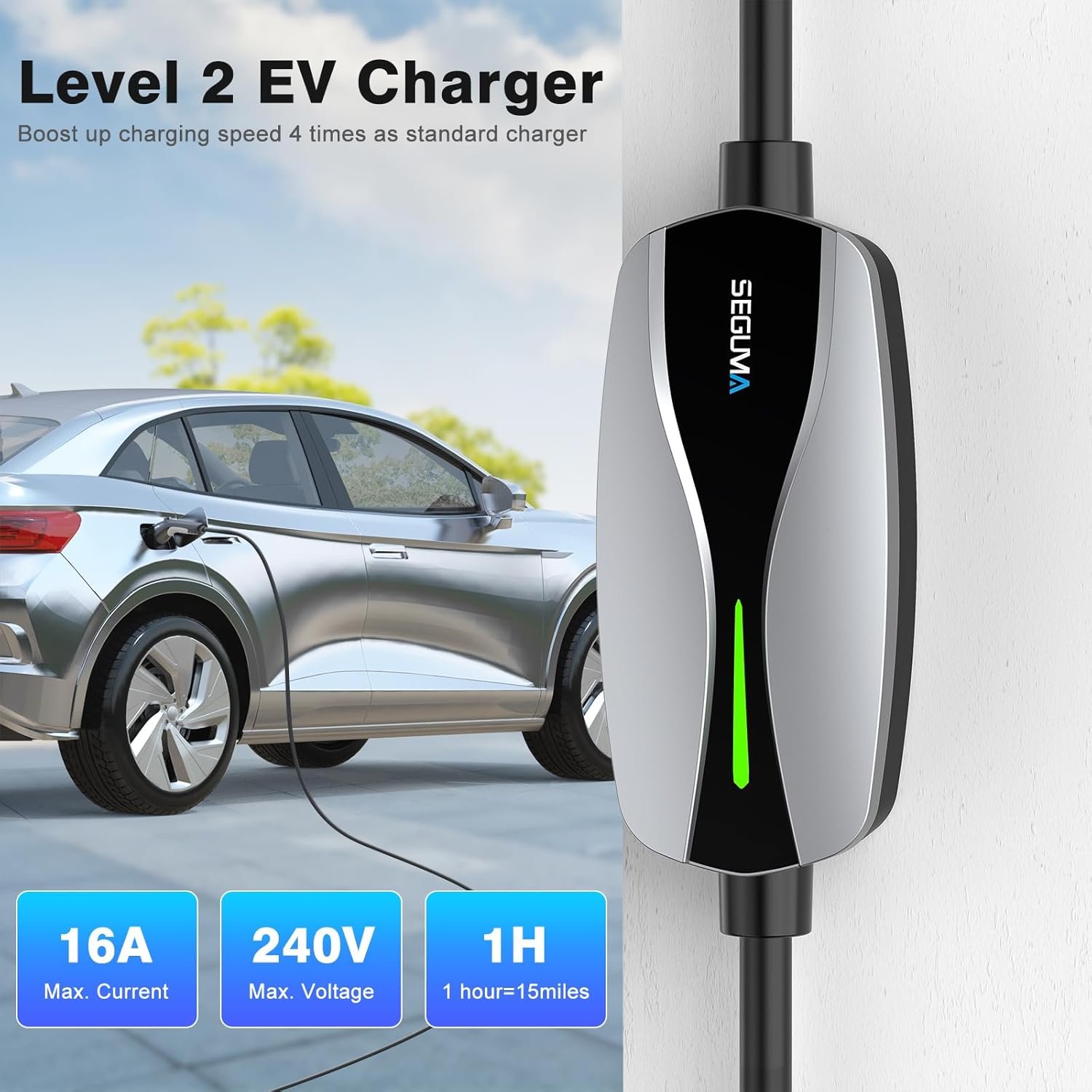 SEGUMA Level 1/2 EV Charger 16Amp Electric Car Charger for J1772 BEVs/PHEVs | 25FT Cable, NEMA 6-20 Plug and NEMA 5-15 Adapter, 110V-240V, Home Mobile EV Charging Station, Silver - Image 2