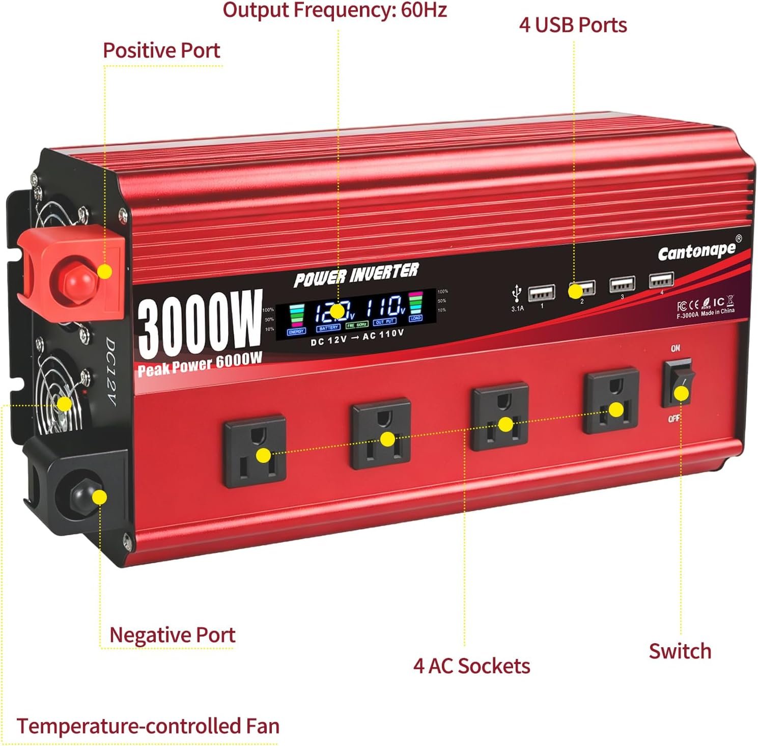 Cantonape 3000W Power Inverter 12V to 110V/120V DC to AC with LCD Display | Remote Controller 4 x AC Outlets and 4 x 3.1A USB Car Adapter for Car Truck Boat RV Solar System - Image 2