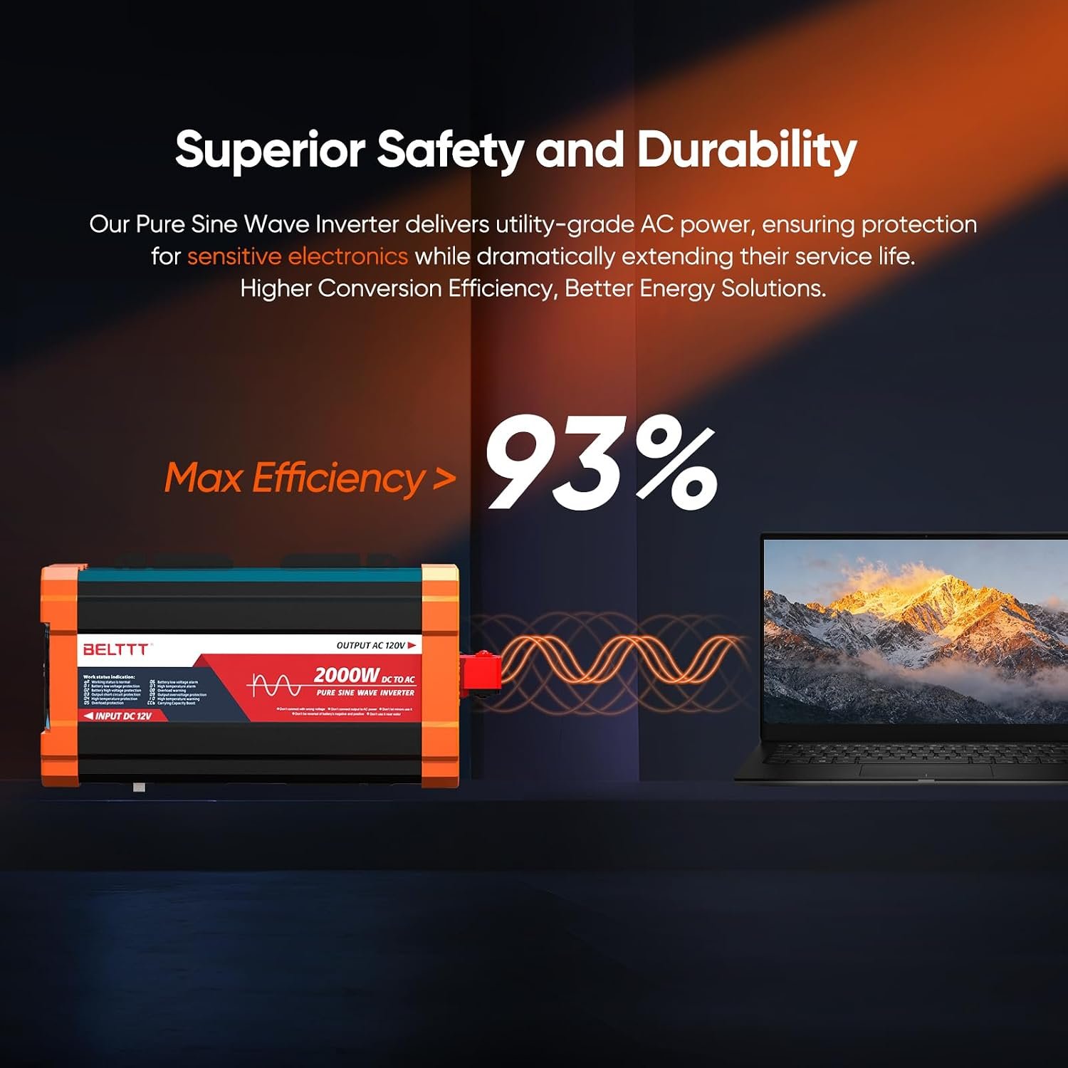 2000W Pure Sine Wave Inverter 12V DC to 120V AC, 4000W Surge | LCD Display, Dual AC and 20A Outlets, 23ft Remote, Hardwire Port, USB, Power Inverter for Solar, RV Truck, 93% Max Efficiency - Image 6