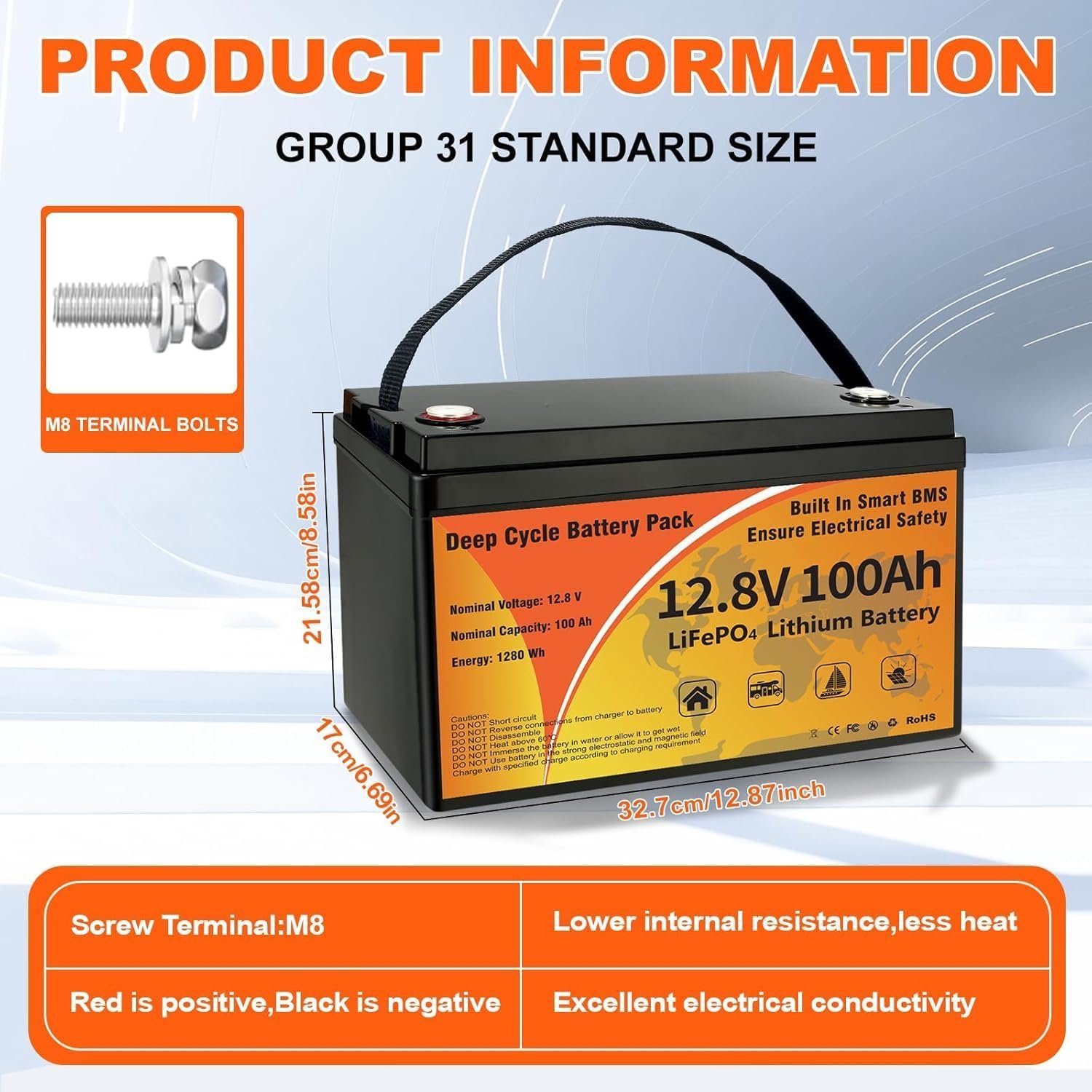 12V 100Ah LiFePO4 Battery, 1280Wh Lithium Battery Group 31 Smart 100A BMS, 15000+ Deep Cycles 10-Year Lifespan Low Temp Protection Lightweight Max 4P4S 1280Wh for Trolling Motor, RVs, Marine, Off-Grid - Image 4