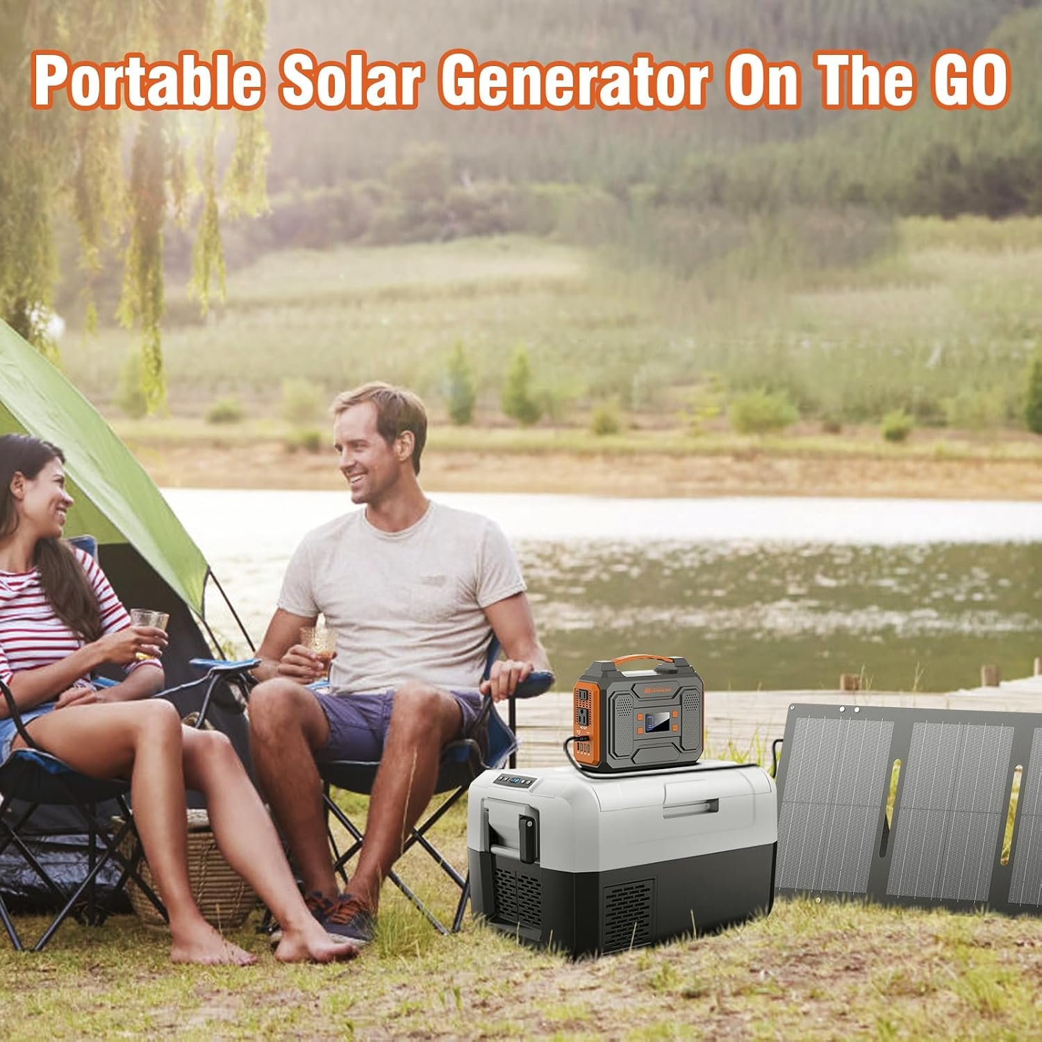 Portable Solar Generator 300W Portable Power Station with 60W Solar Panel | 110V Pure Sine Wave 280Wh Battery Solar Power Pack with USB QC3.0 DC AC Outlet for Camping Smart Device RV Van Outdoor-Orange - Image 2