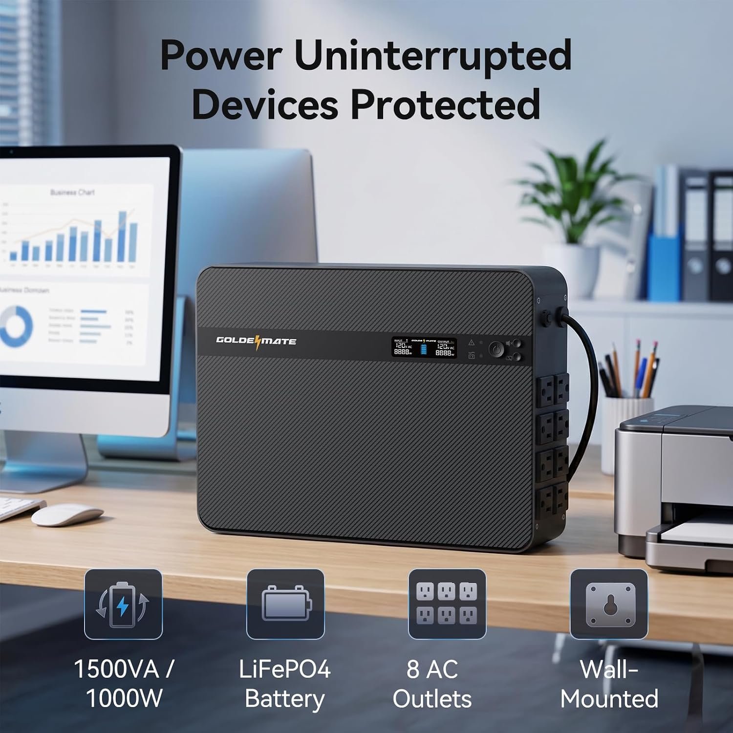 GOLDENMATE 1500VA/1000W Lithium UPS Battery Backup & Surge Protector, Gray | Pure Sine Wave, 230Wh LiFePO4 Battery Backup, 8 Outlets & 2 USB Ports, Wall Mount, LCD Display, Built-in Emergency Light - Image 2