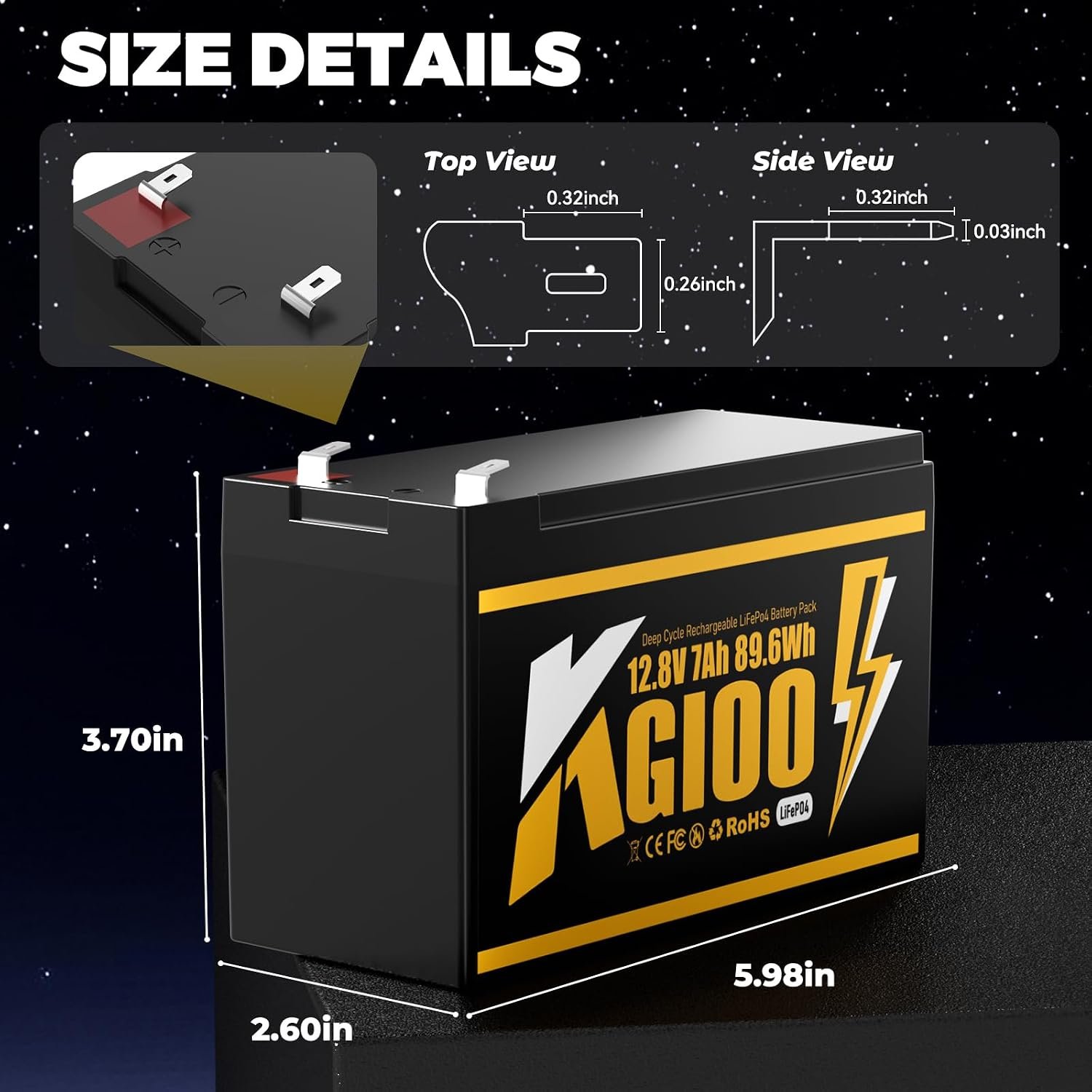 12V 7Ah Lithium LiFePO4 Deep Cycle Battery,4000+ Deep Cycles Lithium Iron Phosphate Rechargeable Battery for Power Wheels, Fish Finder,Solar Power,Lighting, Ride on Toys, Built-in BMS. - Image 2