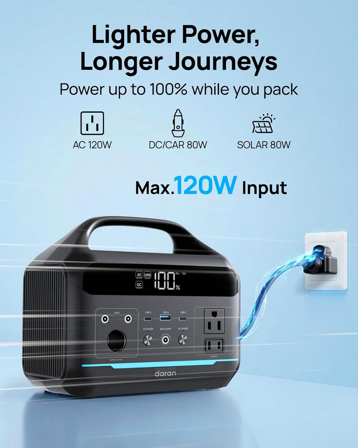 Daran Portable Power Station 600W(1200W Surge) - 288Wh Solar Generator LiFePO4 Battery with AC DC Outlets, 8.3LB Portable Charging Station for Camping, RV, Home, Emergency (Solar Optional) - Image 3