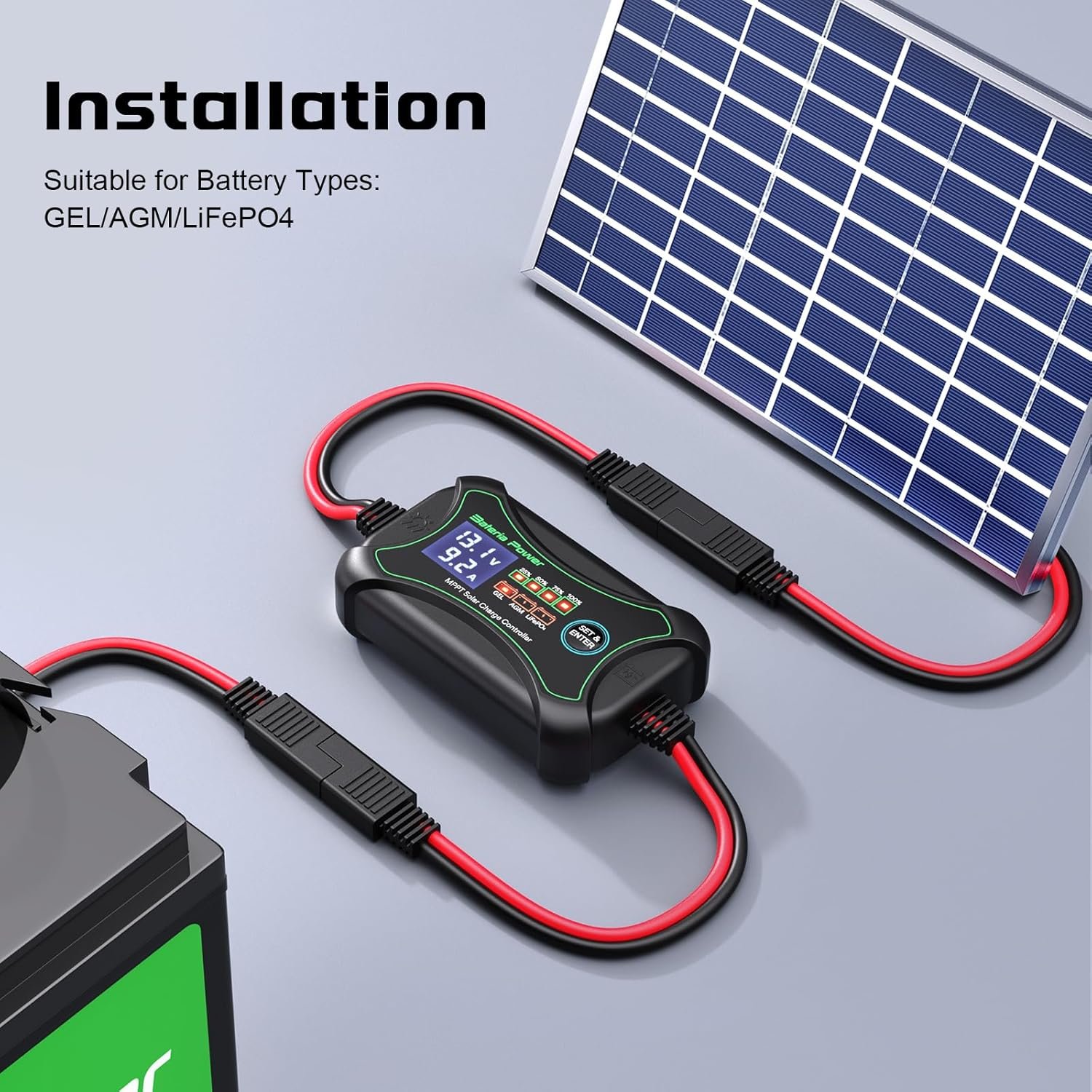 10Amp 12 Volt MPPT Solar Charge Controller, Bateria Power Intelligent Portable Solar Panel Controller, Max PV 150W 30Voc Solar Regulator for Gel AGM Lead-Acid, Lithium LiFePO4 Battery (SunRock 10) - Image 8