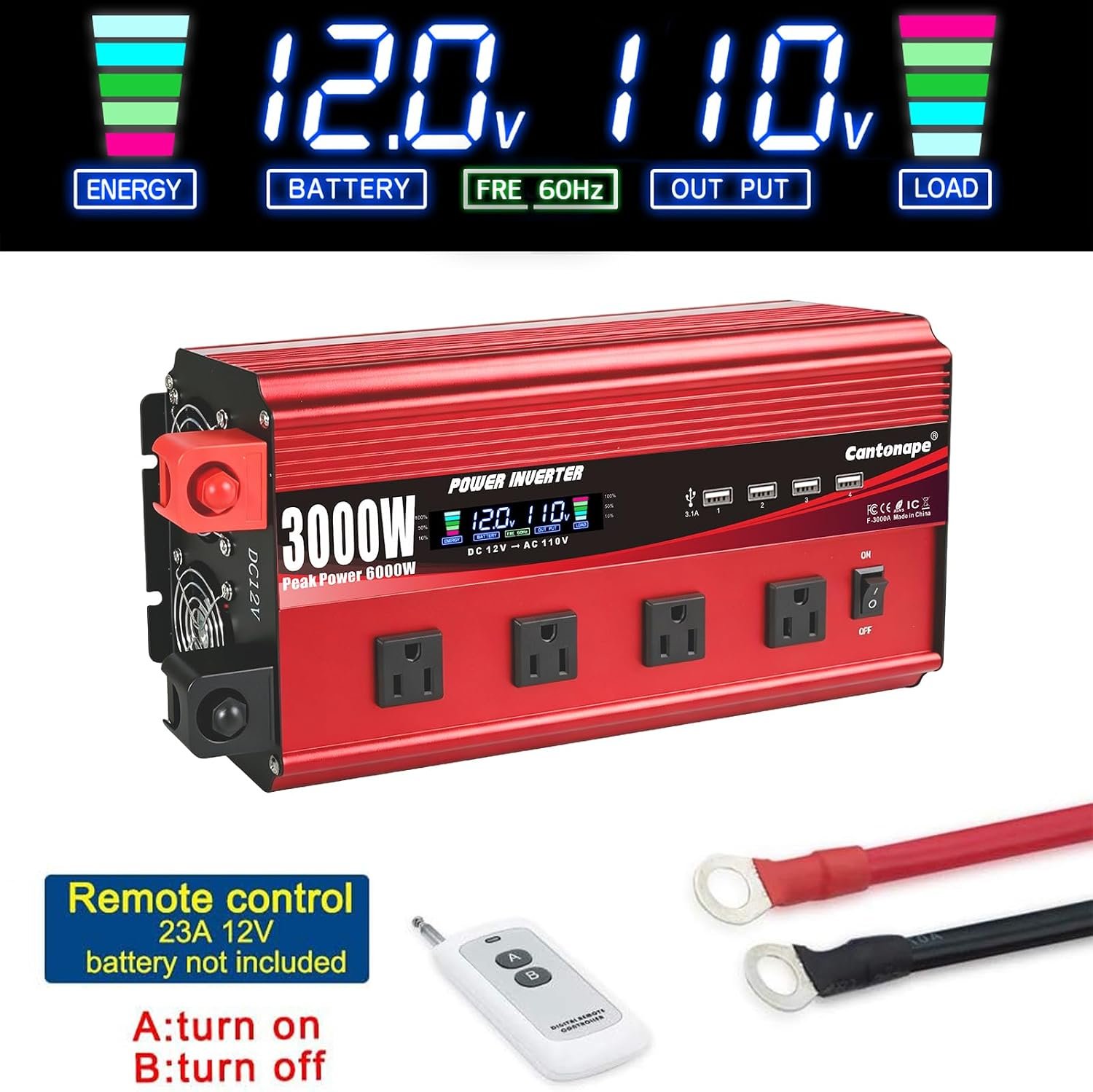 Cantonape 3000W Power Inverter 12V to 110V/120V DC to AC with LCD Display | Remote Controller 4 x AC Outlets and 4 x 3.1A USB Car Adapter for Car Truck Boat RV Solar System - Image 5