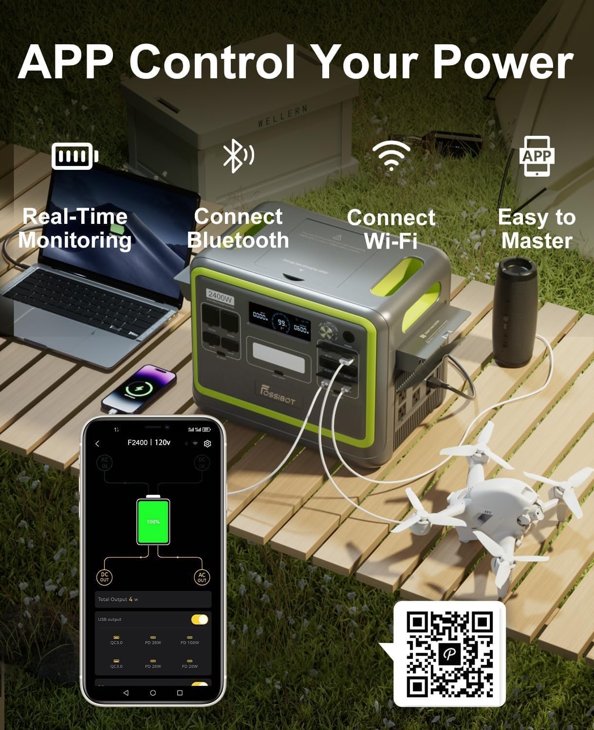 FOSSIBOT F2400 Portable Power Station, 2048Wh LiFePO4 Solar Generator, 2400W (4800W Surge) AC Output, 1100W Adjustable Fast Charging, 15ms UPS Battery Backup for Home Use, Power Outage, RV, Off-Grid - Image 5