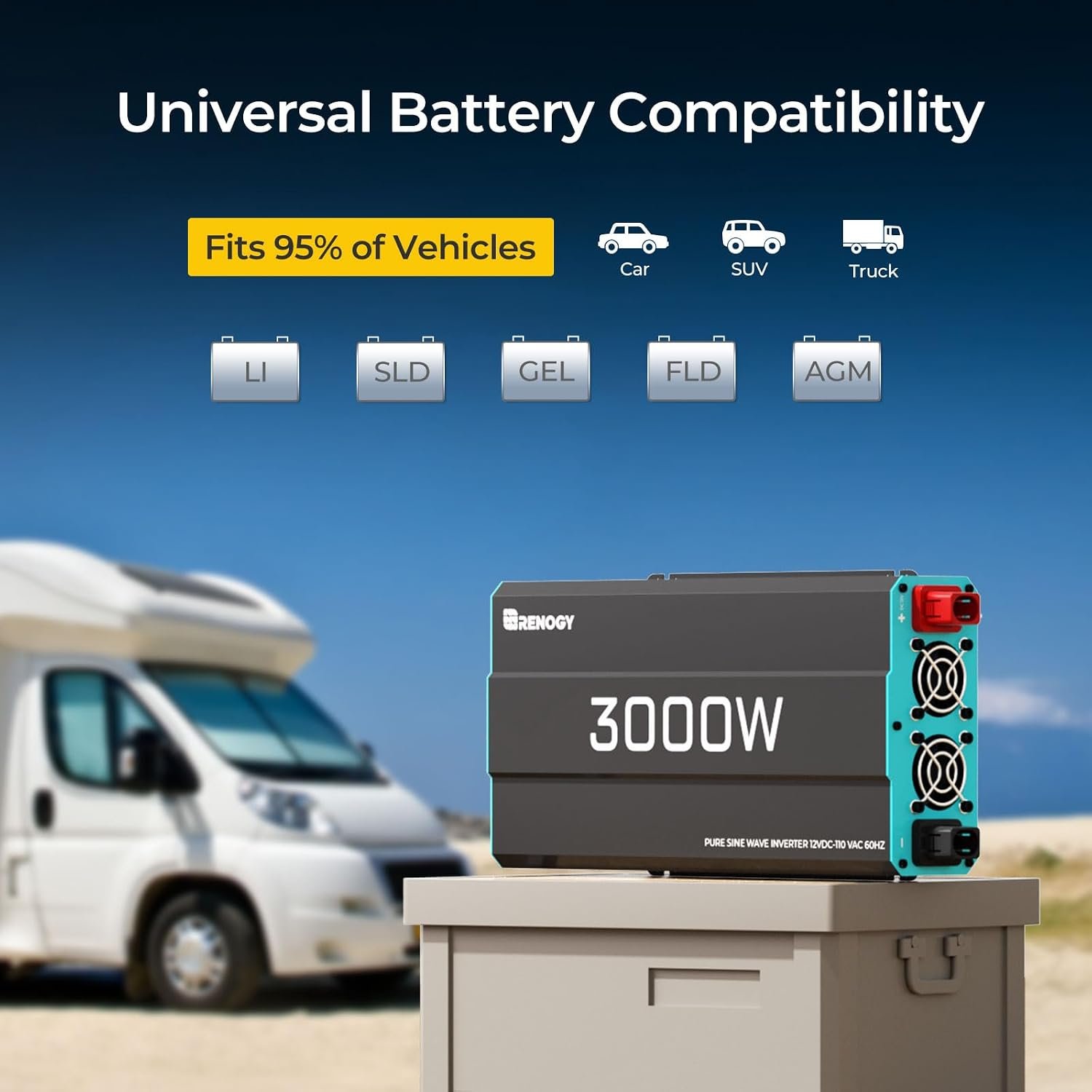 Renogy Inverter P2 3000W Pure Sine Wave Inverter 12V DC to 120V AC Converter for Home, RV, Truck, Camping, Trailer, with Wired Remote Controller, Support Li, AGM, SLD, Gel, FLD Batteries | Off-Grid Solar Power Inverters for Vehicles, with AC Outlet, 5V/2.1A USB, Hardwire Port, Remote Controller, Surge 6000W - Image 6