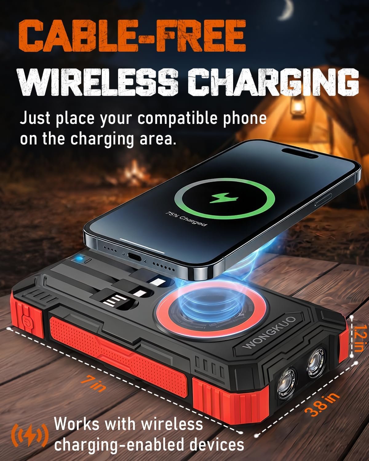 Solar Charger Power Bank -49800mAh QC3.0 Fast Charging Portable Charger Red | 5V/3.1A Wireless Solar Battery Charger Built-in 4 Cables with USB C & Flashlight, Power 6 Devices for iPhone/Android - Image 4
