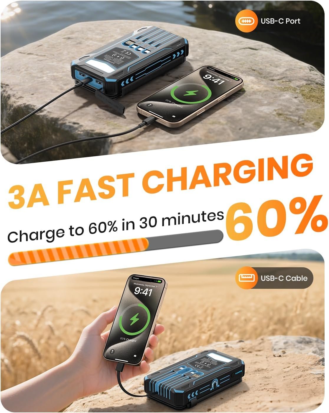 SOARAISE Solar Power Bank 48000mAh Wireless Battery Pack with 4 Cables | Solar Charger with 4 Solar Panels, Built in 4 Cables, PD QC 3.0 Fast Charging, Flashlight for Camping Travel, Rugged Design - Image 4