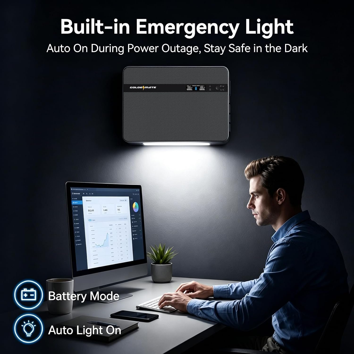 GOLDENMATE 1500VA/1000W Lithium UPS Battery Backup & Surge Protector, Gray | Pure Sine Wave, 230Wh LiFePO4 Battery Backup, 8 Outlets & 2 USB Ports, Wall Mount, LCD Display, Built-in Emergency Light - Image 5