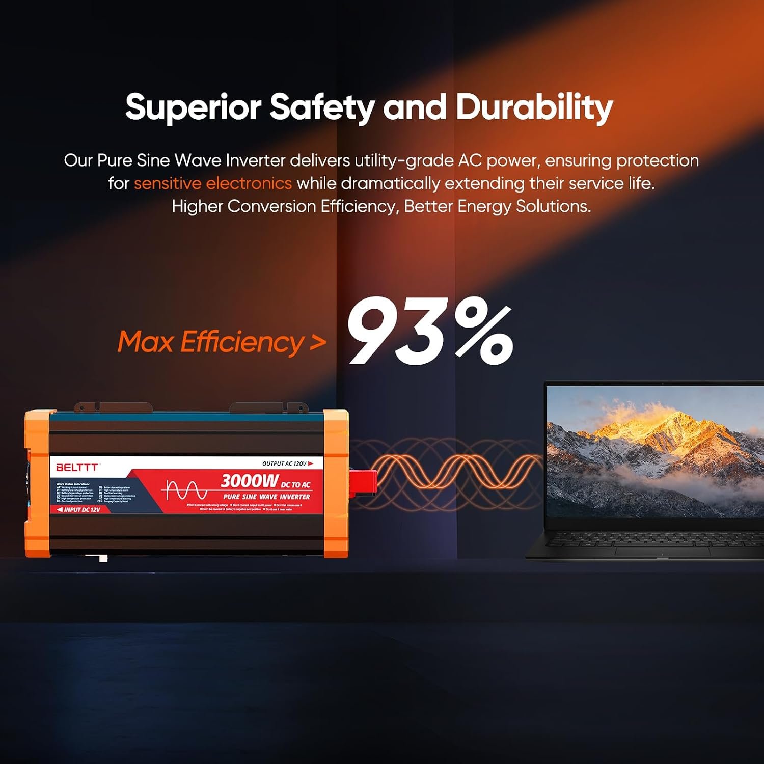 3000W Pure Sine Wave Inverter 12V DC to 120V AC, 6000W Peak | LCD Display, 23 ft Wired Remote, Dual AC and 20A Outlets, Hardwire Port, USB, Power Inverter for Solar, Off-Grid, RV, Truck - Image 5