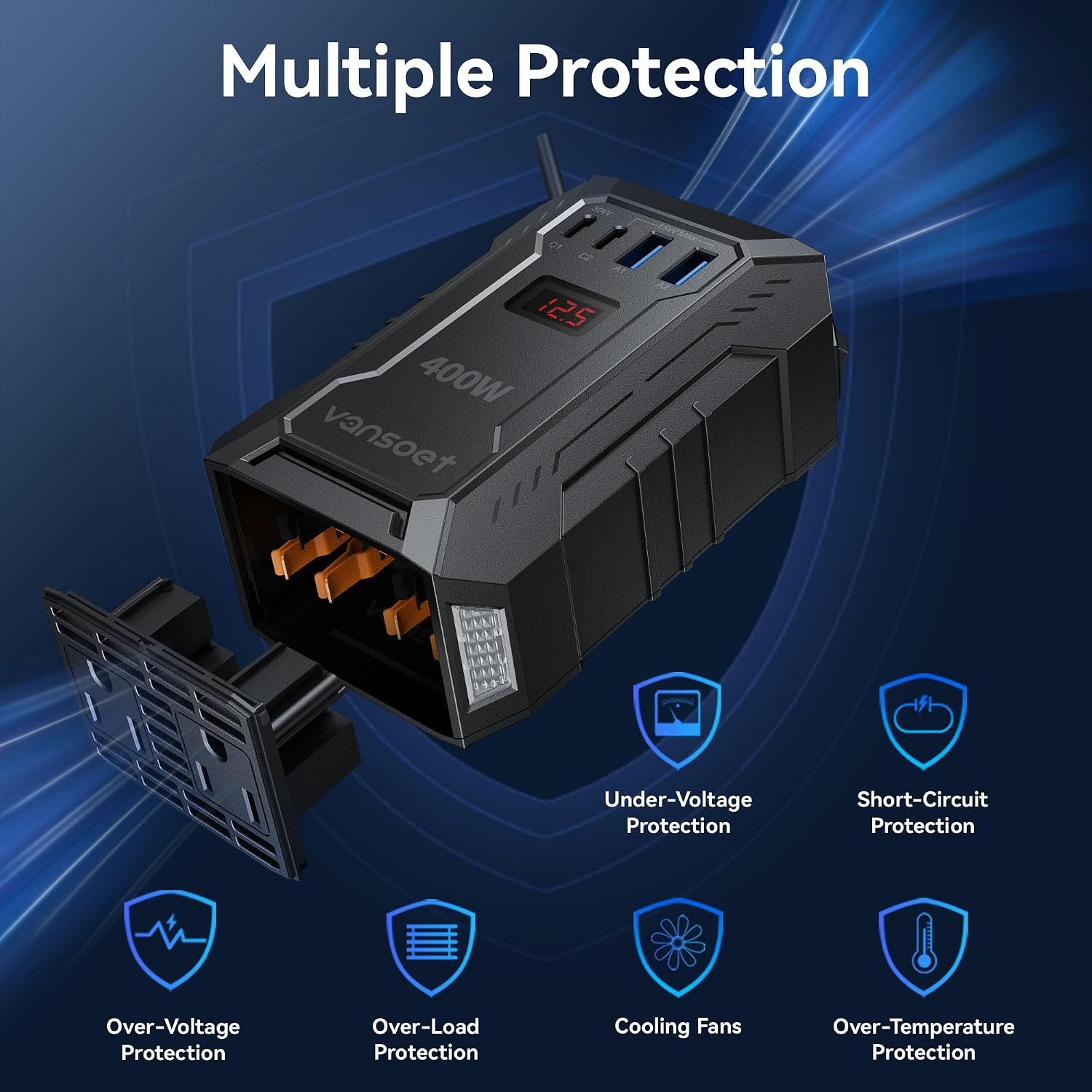 400W Car Power Inverter for Vehicles DC 12V to AC 110V Inverter | PD 30W 15W USB C Ports, 15W USB A/C Ports, Dual AC Outlets, Car Plug Adapter Outlet Converter for Laptop/Road Trip/Camping - Image 4