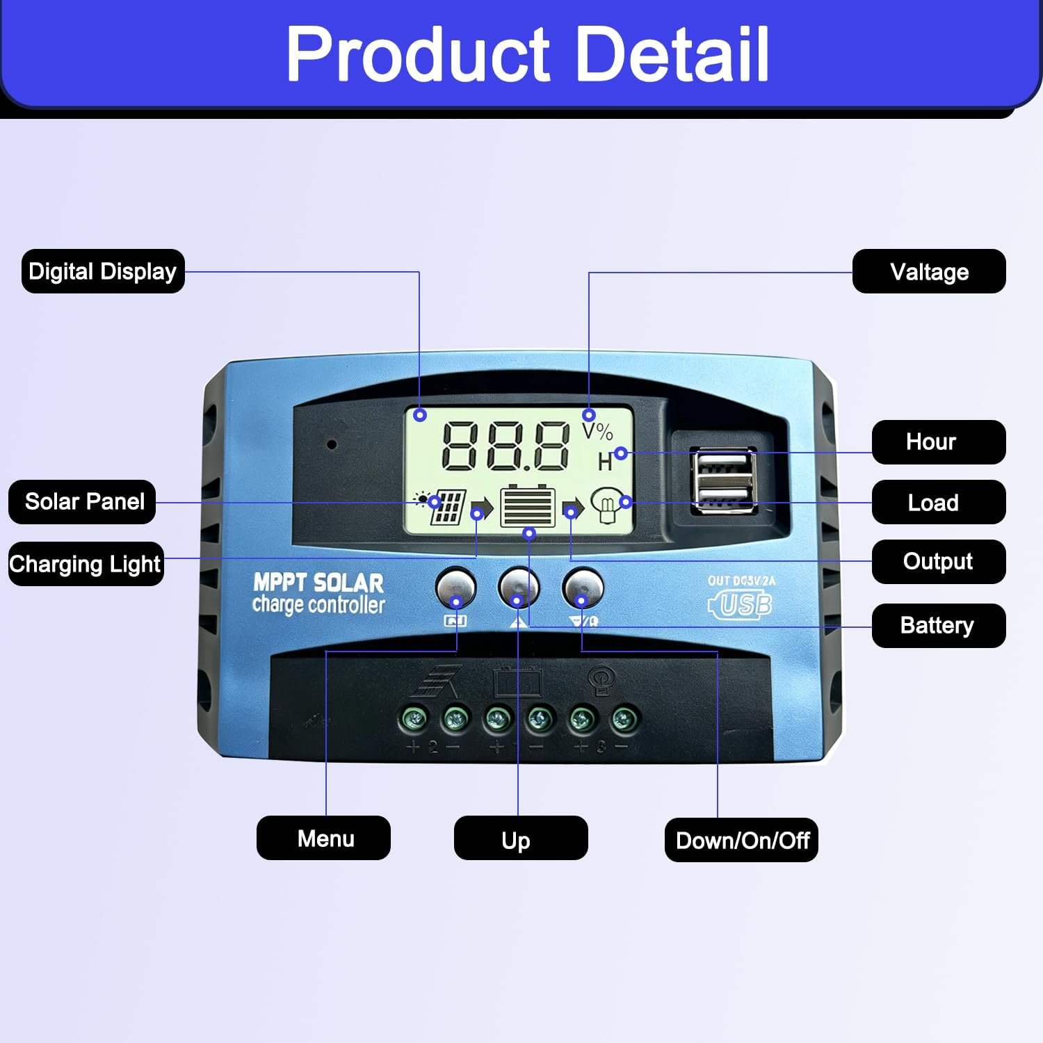 60A MPPT Solar Charge Controller Solar Panel Regulator - Auto-Detect 12V/24V System with Adjustable LCD Display Dual USB Port Timer Setting PWM Auto Parameter Fits for Lead-Acid & Lithium Batteries - Image 3