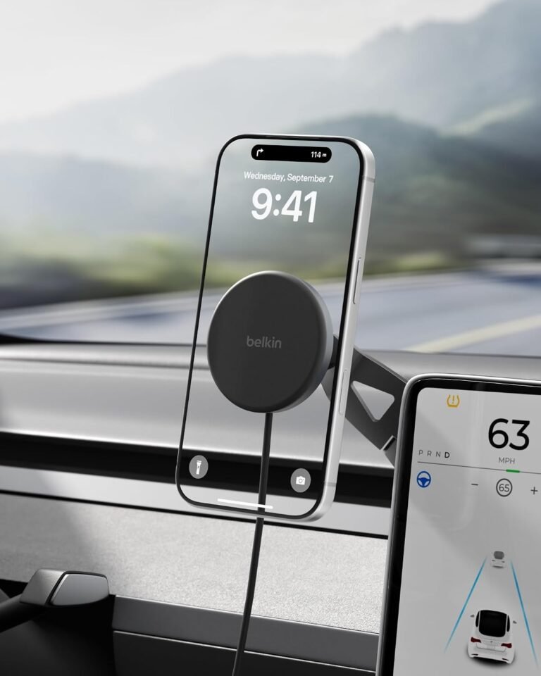 Belkin Qi2 15W Magnetic Wireless Mount for Tesla, Fast Charging Car Charger | MagSafe Compatible, iPhone 15/16/17, Samsung Galaxy S26, AirPods, iPads, MacBook, Chromebook, Car Phone Charger
