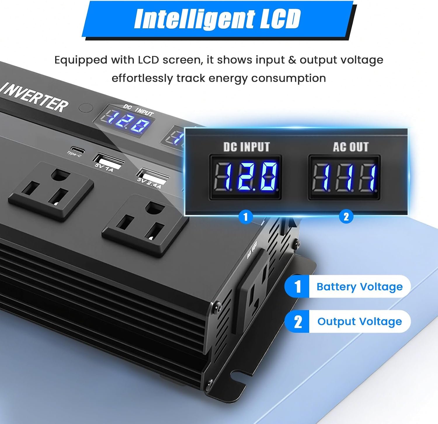 1200W Peak Power Inverter, Car Inverter with 3 USB、Type-c and 3 AC Outlets | Inverter 12v to 110v with Fast Charging 2.4A, Power Converter Car for Road Trips, Camping, Rv, Truck, and Camping Power Needs - Image 6