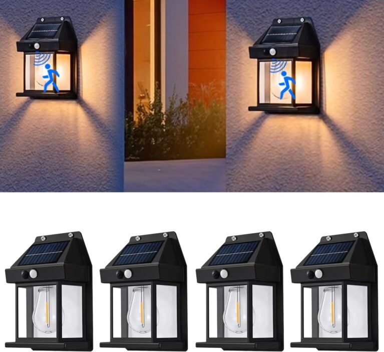4 Pack Solar Wall Lights Outdoor with Motion Sensor, Vintage Solar Wall Lanterns, Dusk to Dawn IP65 Waterproof Solar Lights for Porch Patio Garage Fence Yard Garden (4, Black)