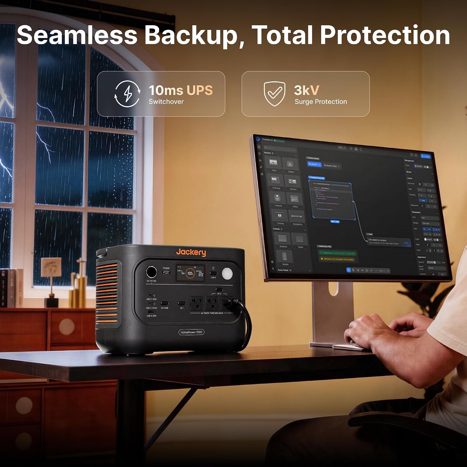 Jackery HomePower 1000 v2 Power Station,1024Wh,1500W | 10ms UPS Battery Backup, 3kV Surge Protection, LiFePO4 6000-Cycle, 50-Min Fast Charge, 100W USB-C, for Emergency, PC, Home - Image 5