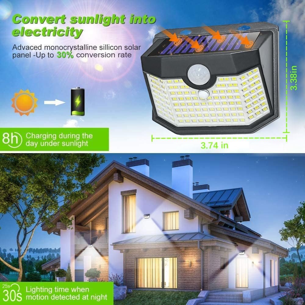 HMCITY 120 LED Outdoor Solar Lights with Motion Sensor and 3 Lighting Modes, IP65 Waterproof Wide Solar Wall Lights Ideal for Garden Patio Yard (Front Button 6Packs, Black Shell-Daylight White) - Image 3