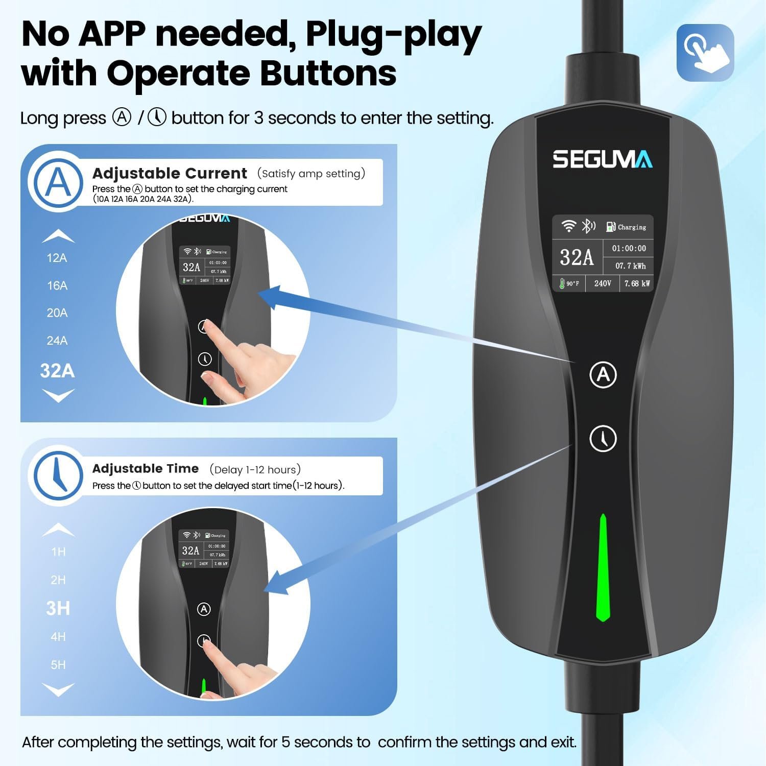 SEGUMA Level 2 EV Charger for Tesla, 32A Wi-Fi/App ETL Certified for NACS | NEMA 14-50, Adjustable Current, Timing Delay, 25FT, 240V 7.68kW, Portable Electric Car Charger, NACS EV Chargers, Black - Image 3