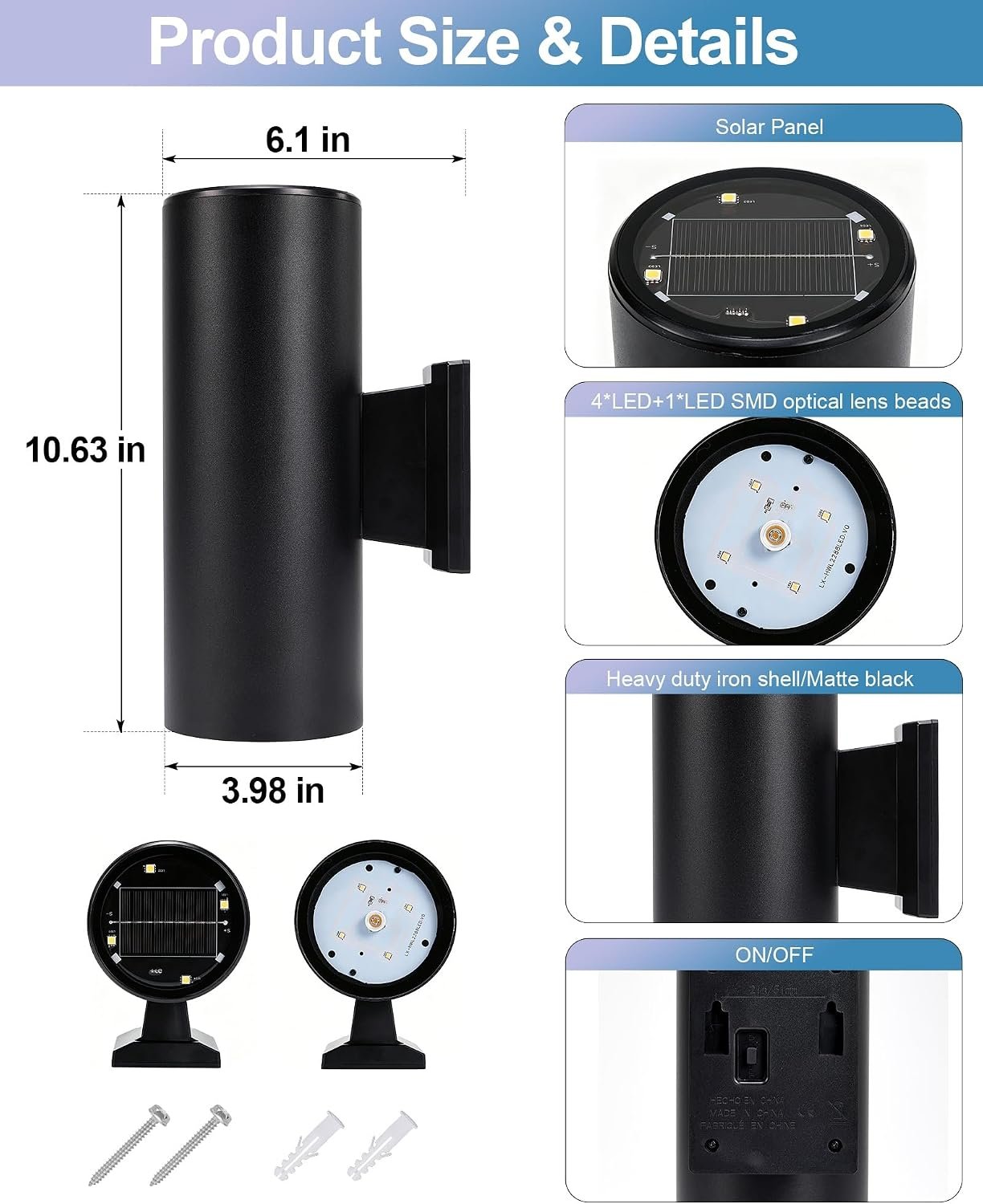 pearlstar 2 Pack Solar Wall Lights Outdoor Dusk to Dawn Solar Sconces Lights, Up & Down Warm White Glow IP65 Waterproof Wall Mount Lamp for Outside Garage Fence Patio Porch Yard, 10.6" - Image 7